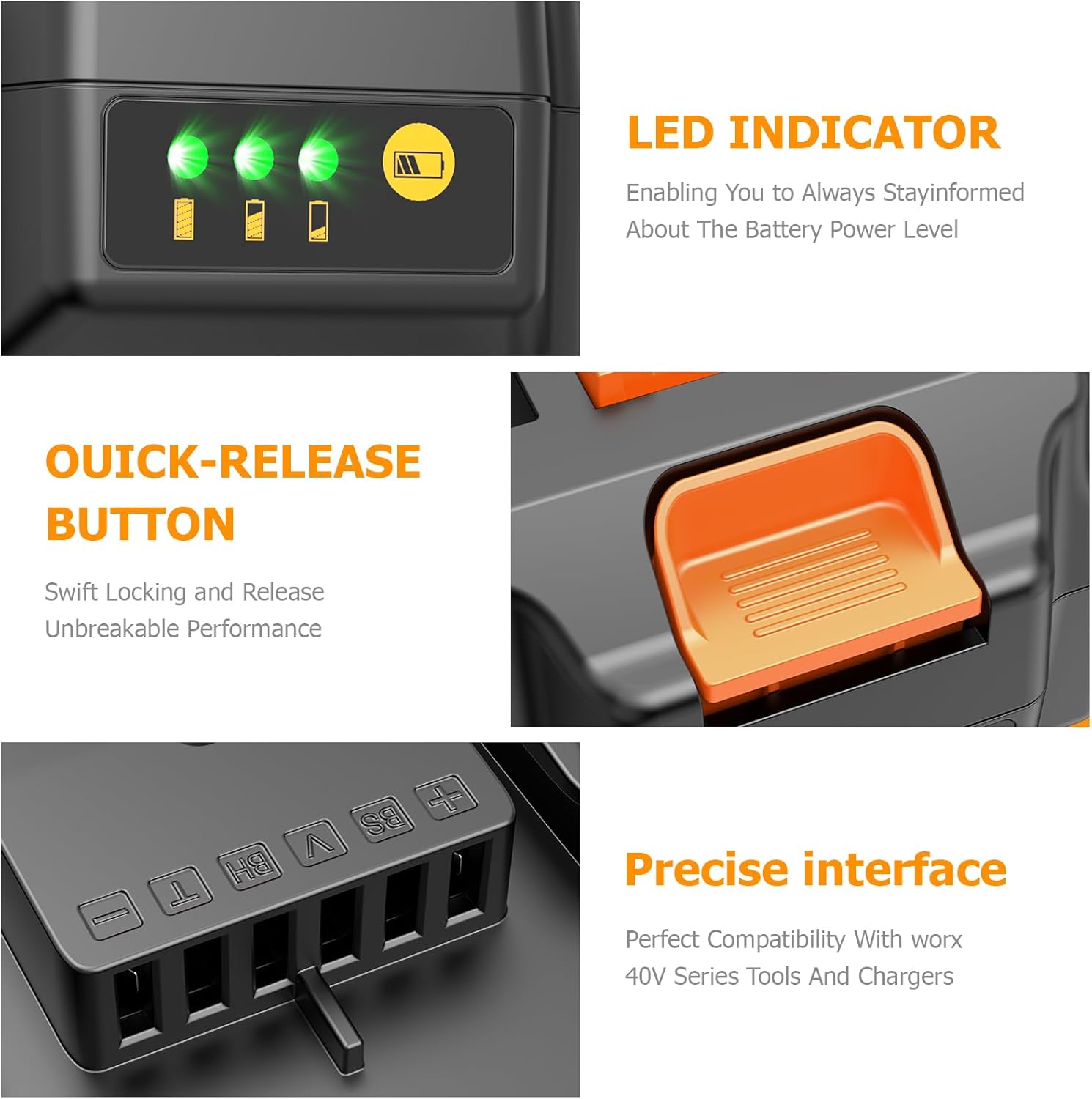 ARyee 2-Pack 40V 3.0Ah WA3580 Replacement for Worx 40V Battery Compatible with Worx 40 Volt Tools WG180 WG280 WG380 WG580 (Not Fit for 2x20V Tools) - Image 5