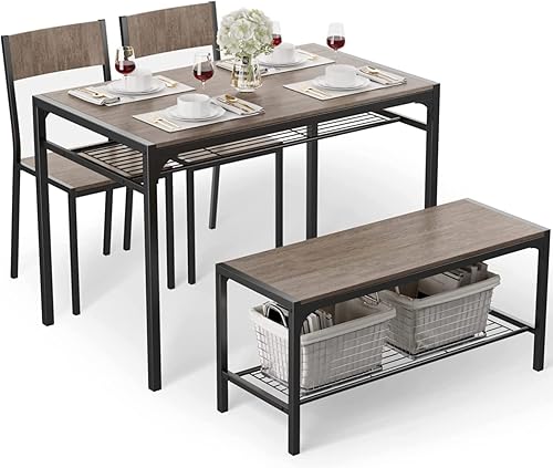 Miniatura 1 de Gizoon Mesa de cocina y 2 sillas para 4 personas con banco, juego de mesa de comedor de 4 piezas para espacios pequeños, apartamento (gris)