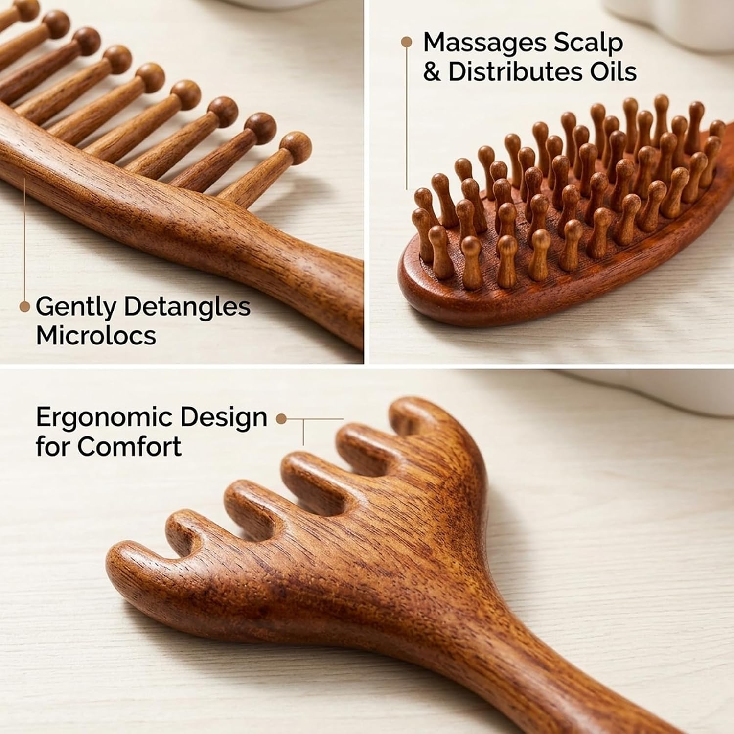 3-Piece Set Wooden Scalp Massager, Loc Brush for Dreads for Microlocs, Wooden Hair Care Accessories with Detangling and Styling Functions