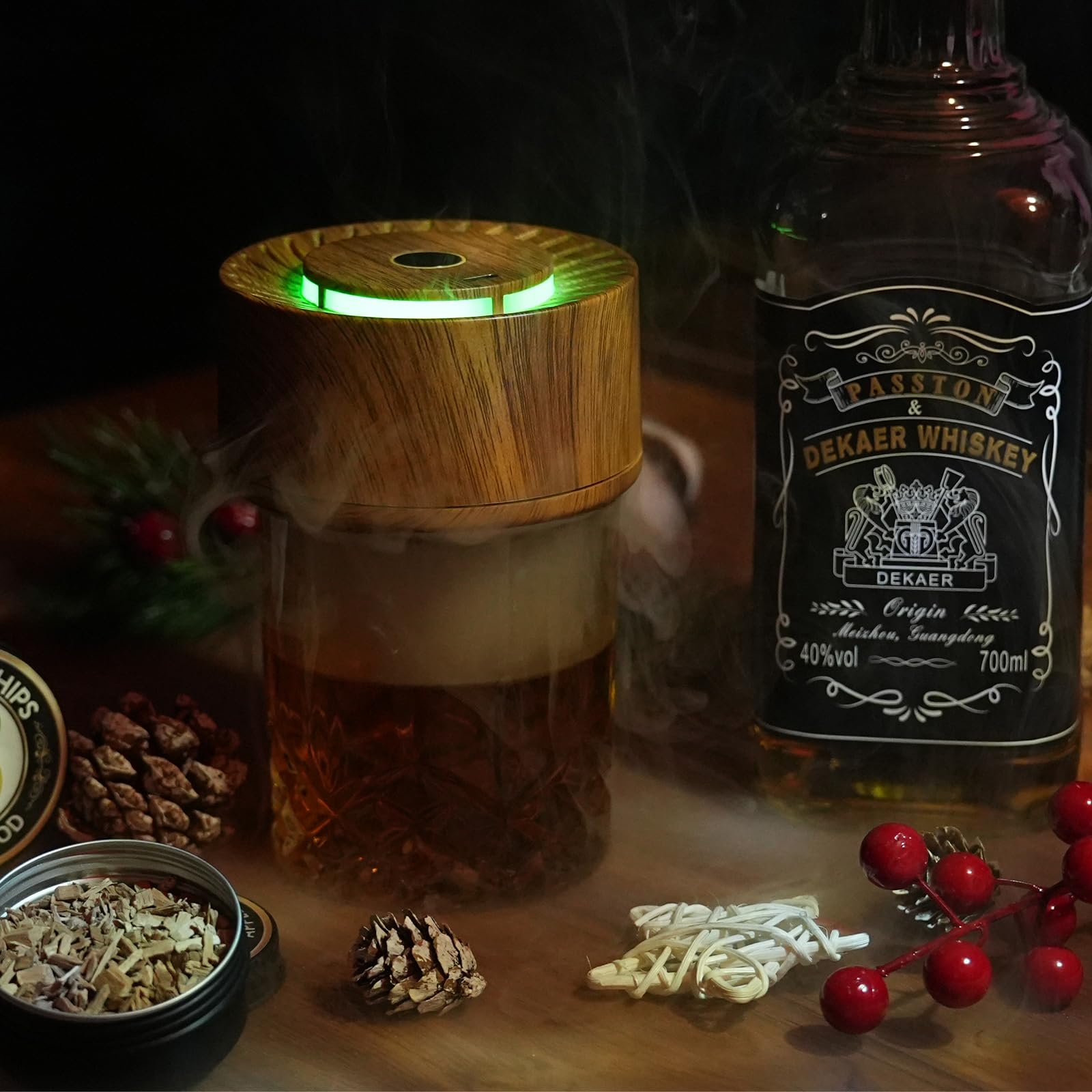 Kit per affumicare whisky con custodia in legno, affumicatore elettrico per cocktail e trucioli di legno da 8 gusti, kit per affumicatore vecchio stile Bourbon regali per uomini