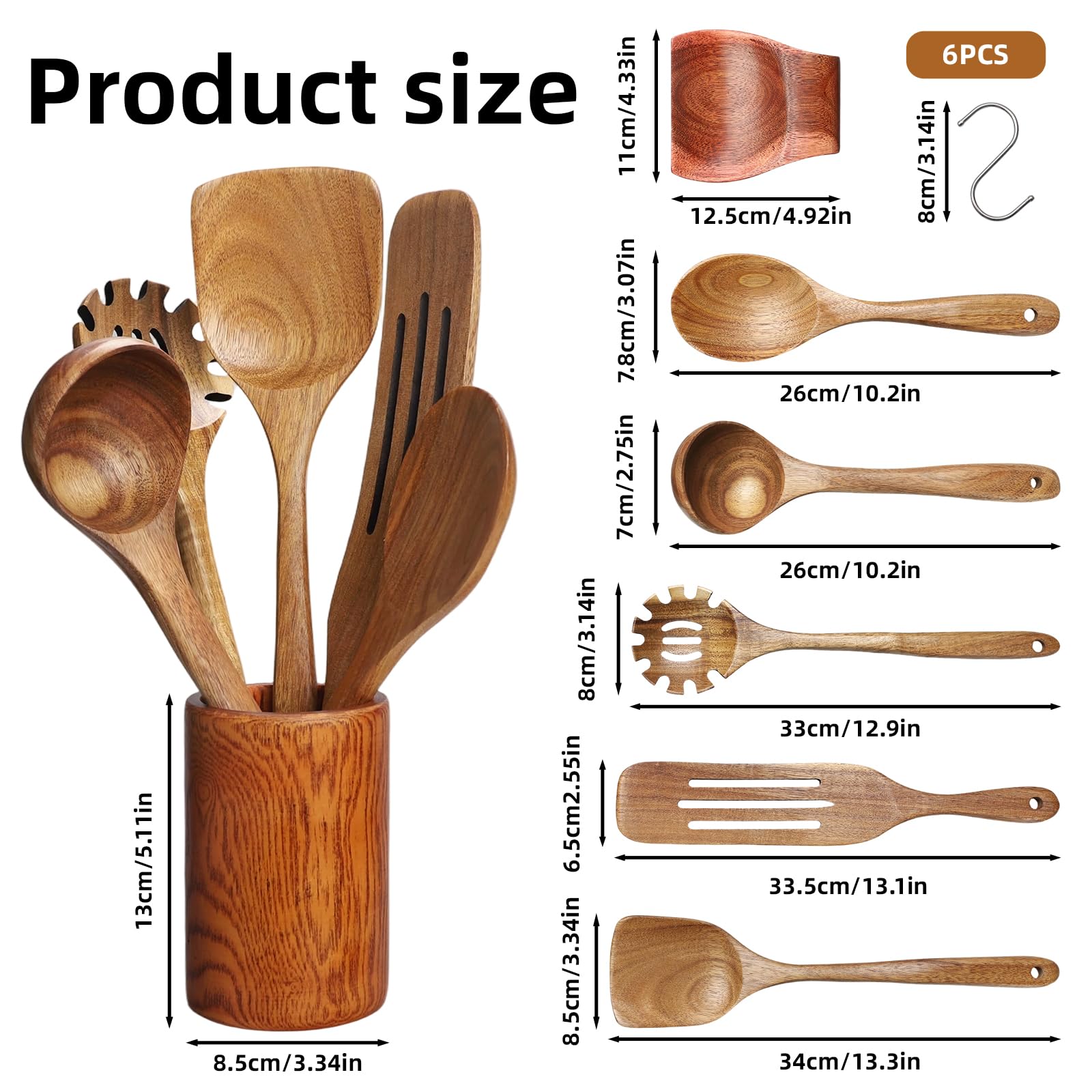 13 Pezzi Set Mestoli in Legno Set Utensili Cucina in Legno Spatola Cucina e Cucchiai Cucchiaio Utensili in Teak con supporto,poggiamestolo e ganci