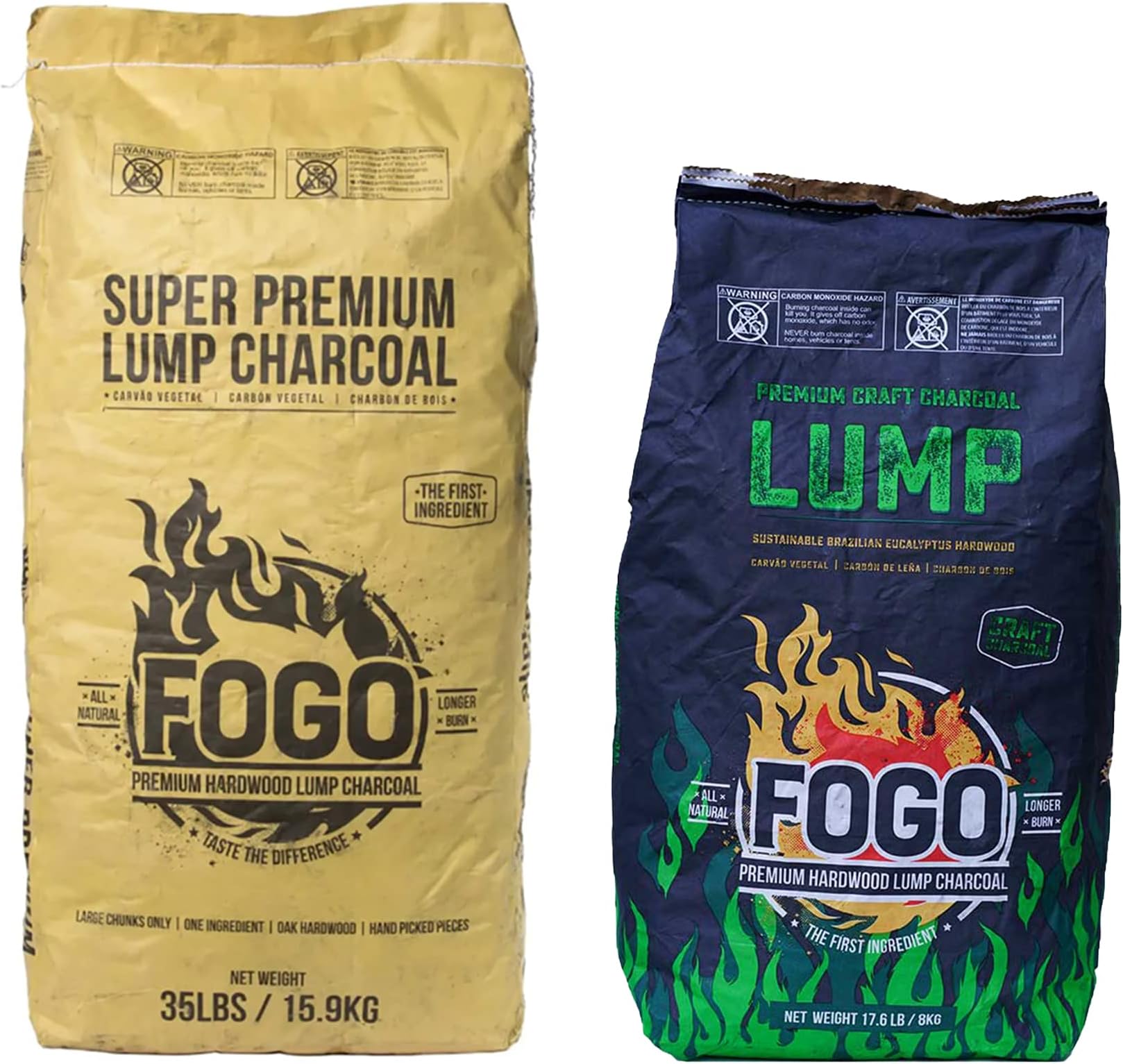 Fogo All Natural 17.6 Lb Bag Brazilian Eucalyptus Blend Hardwood Lump Charcoal w/FOGO 35 Lb Bag Premium Oak Restaurant All-Natural Hardwood Charcoal