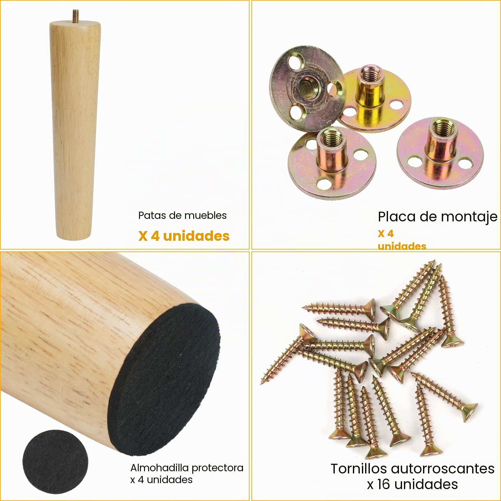 4 Piezas Patas para Muebles de Madera Patas de Madera para Muebles con Placas de Montaje Tornillos Patas para Sofá, Banco, Mesa de Té, Silla, Escritorio, Armario, Otomana (25cm)