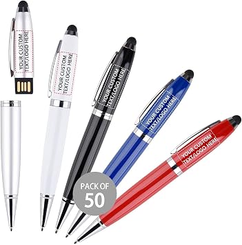 Custom Pen USB Flash Drives 50 Pack Bulk, Personalized Logo or Text - as Corporate Gifts and Promotional Giveaways - 2GB
