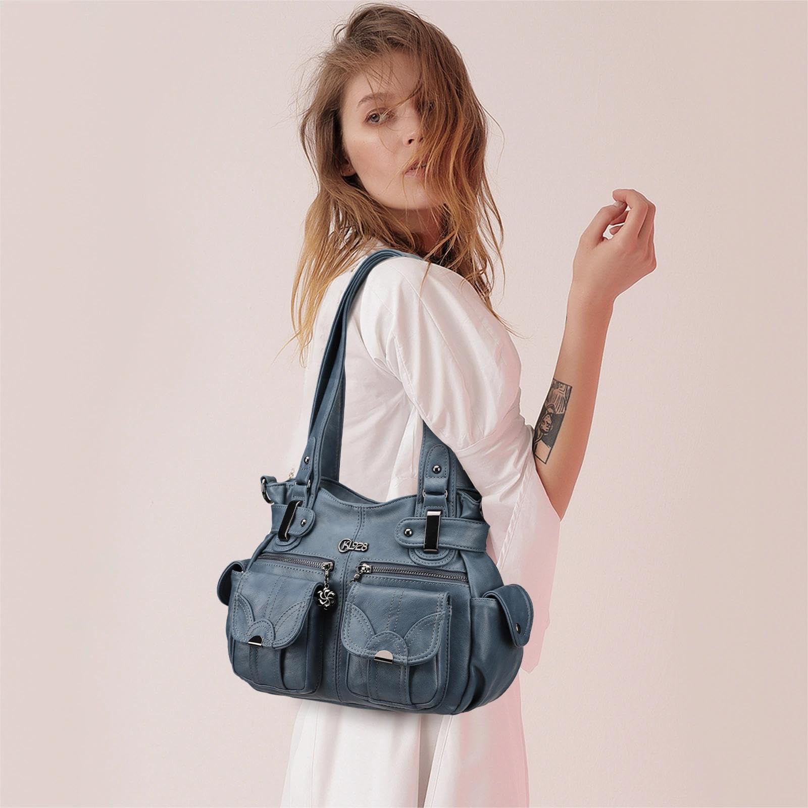 KL928 Handtasche Damen Umhängetaschen große Damenhandtasche Schultertasche gemacht aus PU Leder Kunstleder Elegant Damen Tasche für Büro Schule Einkauf mit vielen fächern