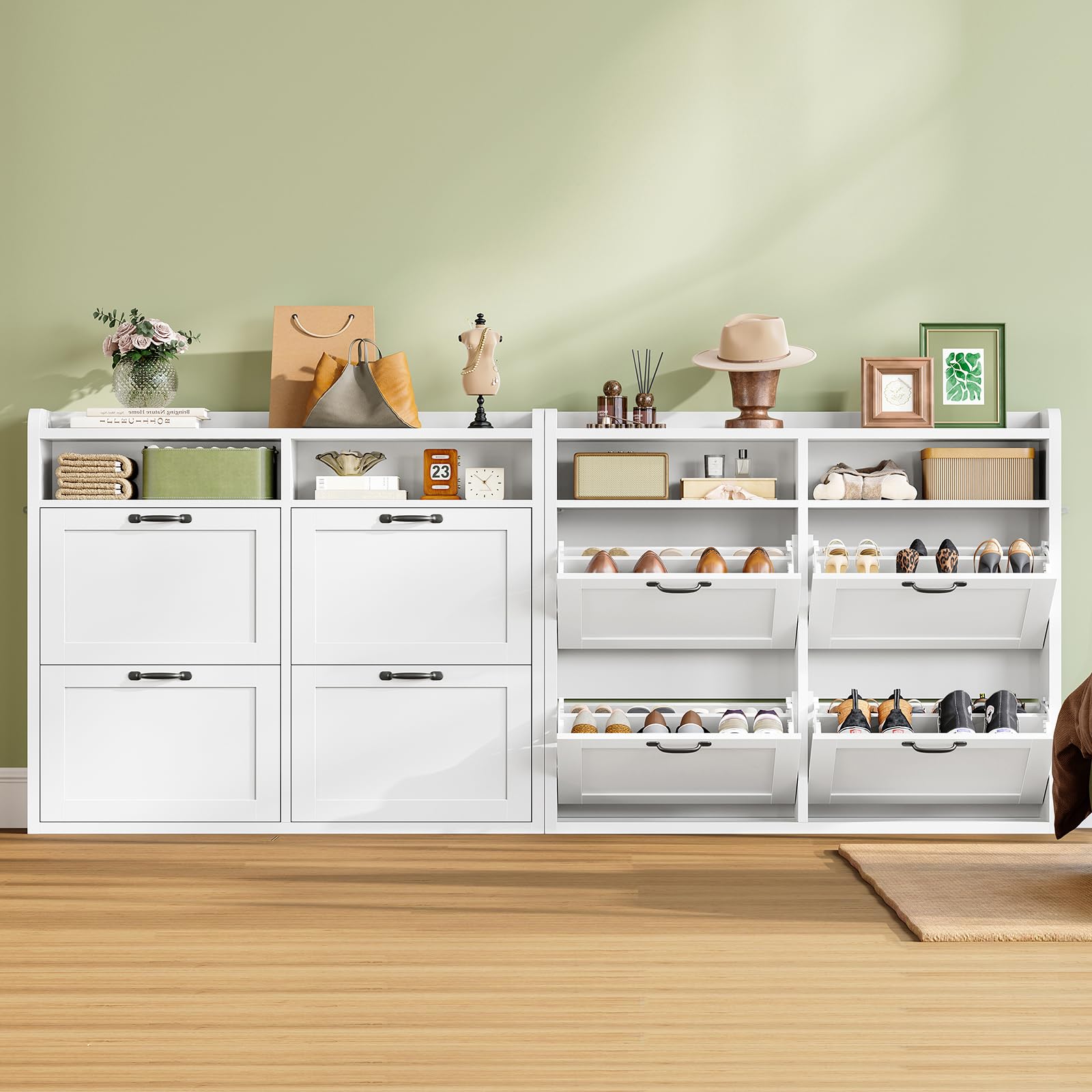 TEENFON Mueble Zapatero Recibidor Estrecho–105cm de Ancho, Armario Zapatero con 4 Solapas y 2Compartimentos Abiertos, Estantes Ajustables, para16–24Pares de Zapatos, Apto para Pasillo,Recibidor,Blanco