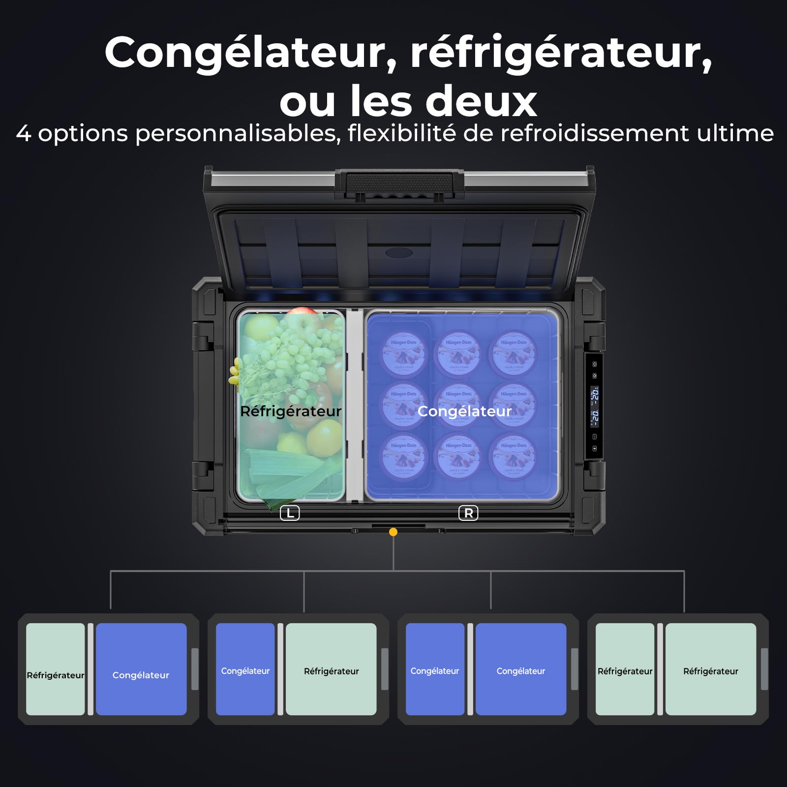 BougeRV Rocky V3.0 Double Zone Glacière Compresseur 39L, -20℃~20℃ | Réfrigérateur Voiture 12V 24V 230V Métal App IPX4, pour Camping Van Bateau Pêche