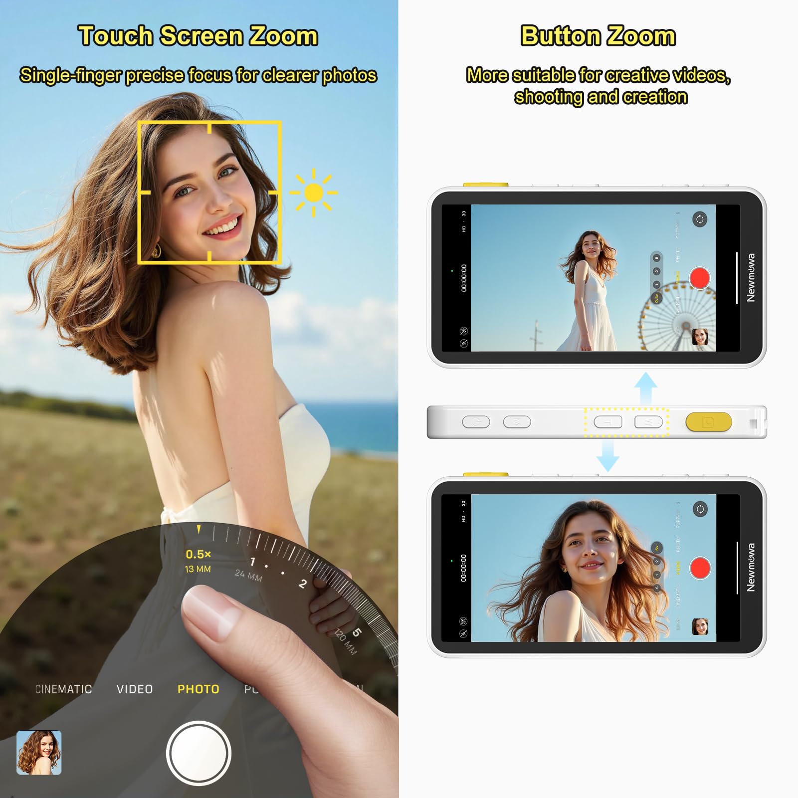 Newmowa magnetischer Handy Selfie Touchscreen Monitor mit Zoom für iPhone | 4K 30fps kabellose Aufnahme nur für iPhone 15/16/17, 4" Handy Selfie Bildschirm für Vlog, TikTok, Weiß