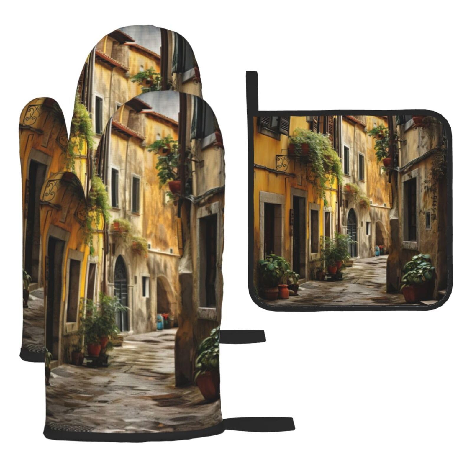 Yyoretp Black Italian Old Street Print Oven Mitts And Potholders Bbq Gloves-Oven Mitts And Pot Holders For Cooking Baking