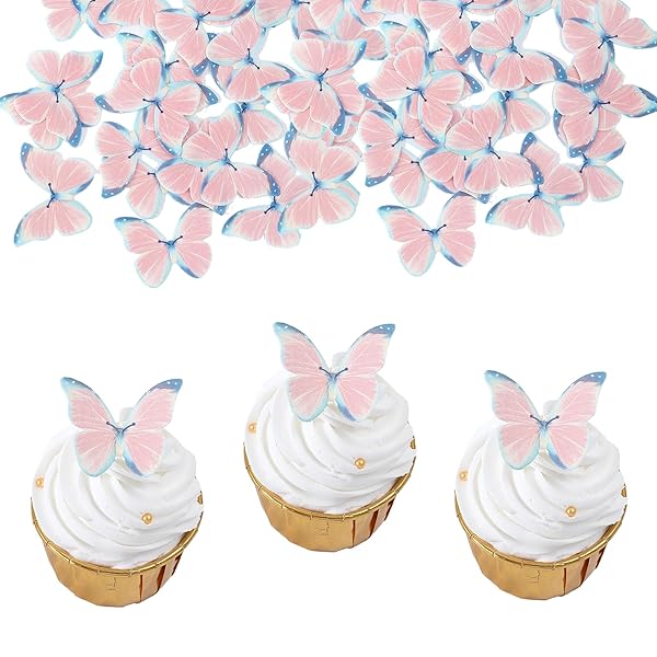 YOcity 48Pcs Edible Butterflies Cake Toppers - Wafer Paper Cupcake Decorations for Wedding, Birthday Party - BLUE