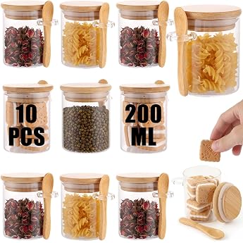 SHUESS 10 Storage Jars with Lid and Spoon 200 ml Airtight Overnight Oats Jars & Spice Jars Small Meal Prep Glass Set for Cereal Tea Chia Pudding Stackable Borosilicate Glass Containers
