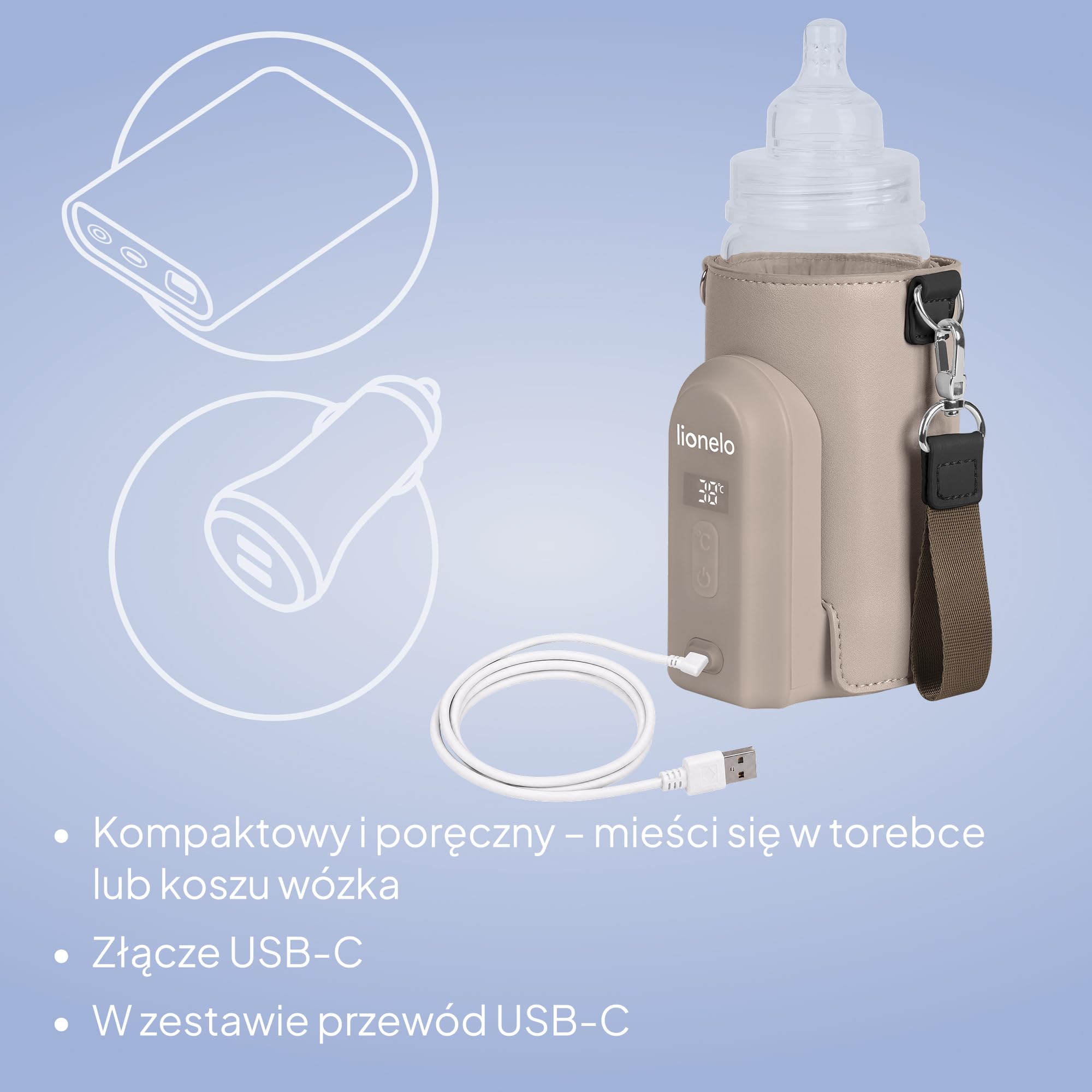 LIONELO Thermup Go EVO przenośny podgrzewacz do butelek, utrzymuje ciepło płynów, 5 temperatur roboczych od 38 do 50°C, ładowanie przez USB-C, do 9 godzin pracy, wyświetlacz LCD
