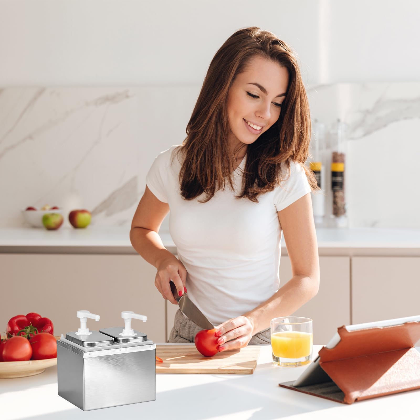 4L Saucenspender Pumpstation, Edelstahl 304 Ketchup Spender 2 x 2L Gastro Soßenspender Lebensmittelecht, Fördermenge 20ml pro Hub, für Ketchup Senf Saucen mit Partikeln bis 0,4cm Spülmaschinenfest
