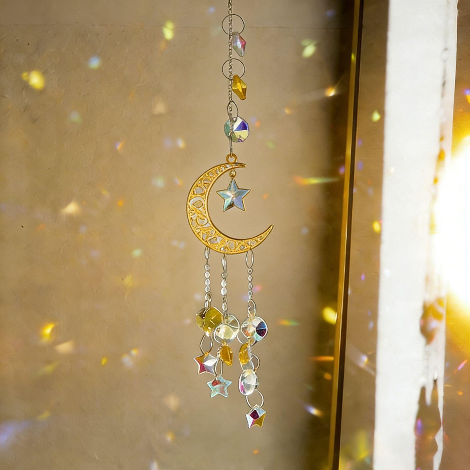 Suncatcher Hanging, Sun Catcher,Suncatcher,Crystal Moon Sun Catcher with Golden Finish, Window and Garden Decorative Accent for Home Decor
