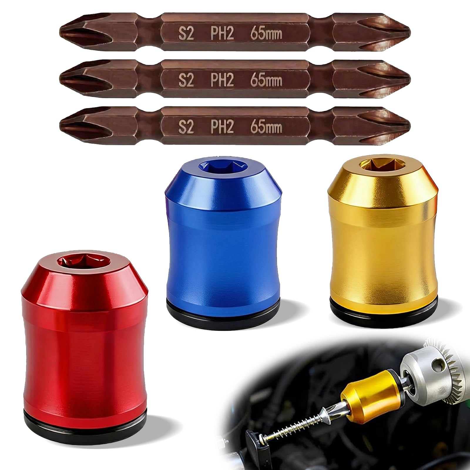 Xivicii 3Pcs Screwdriver Head Magnetic Ring, Universal Removable Magnetic Bit Holder With 3 Screwdriver Bit For Diy Repair Home