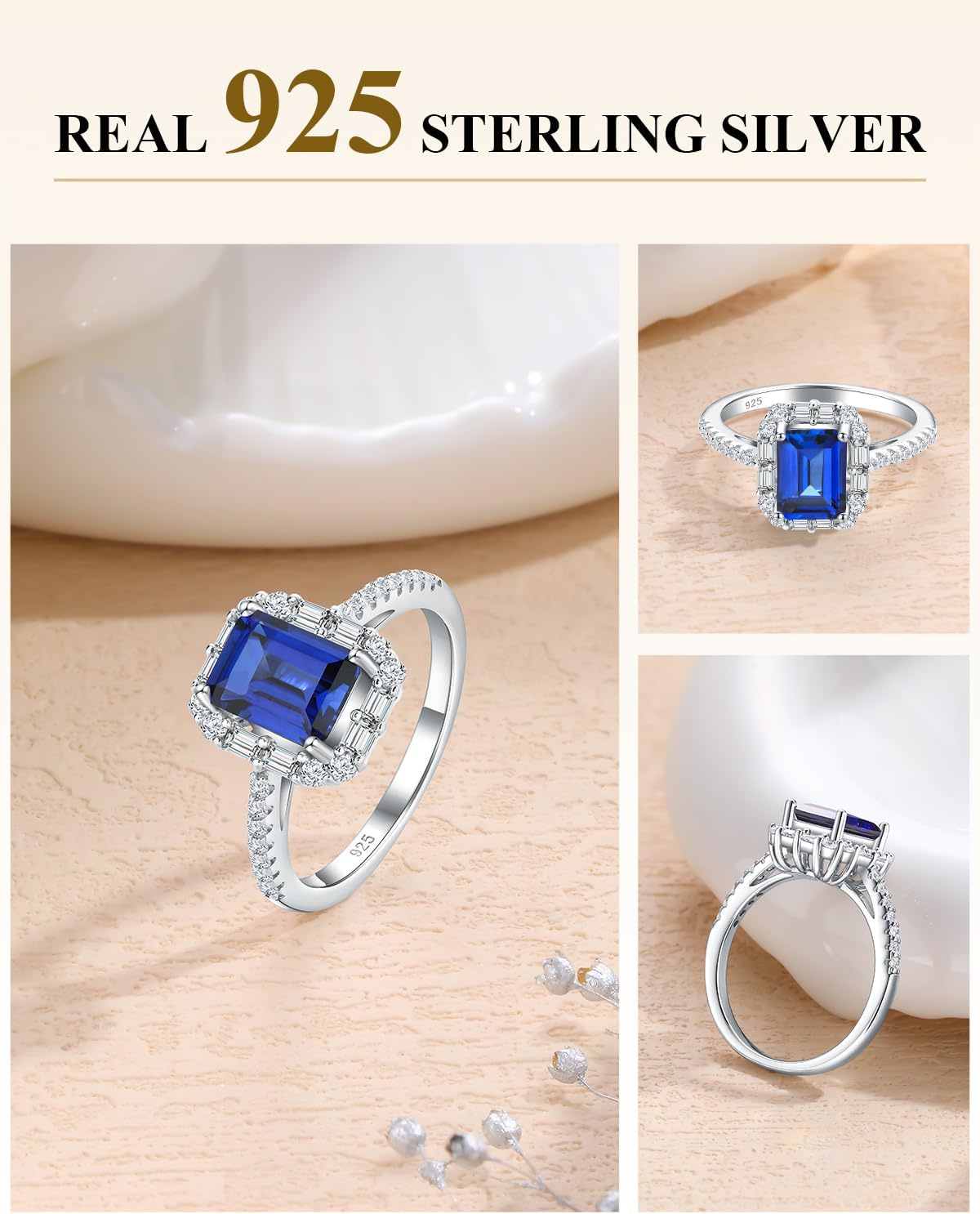 2CT 925 Sterling Silver Ruby/Sapphire/Emerald/Gemstone Halo Engagement Rings for Women 8x6mm Ermerald Cut Cubic Zirconia Wedding Anniversary Rings Promise Ring for Her Size 6-10