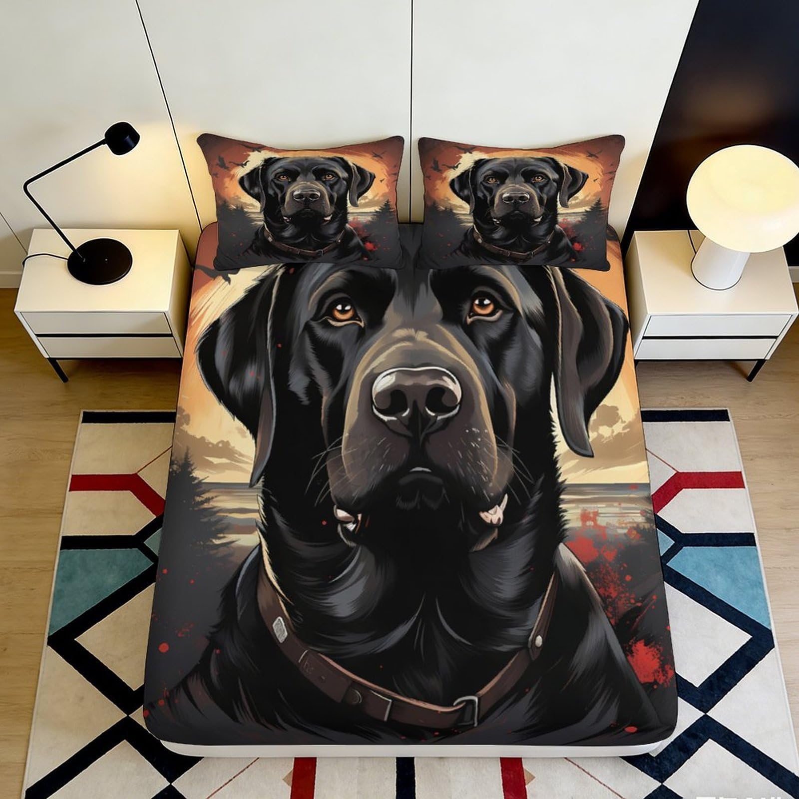 3D Printed Black Labrador Fitted Sheet Microfiber Soft Breathable Dog Portrait Mattress Cover for Bedroom Guest Room Decor 90x200x25cm