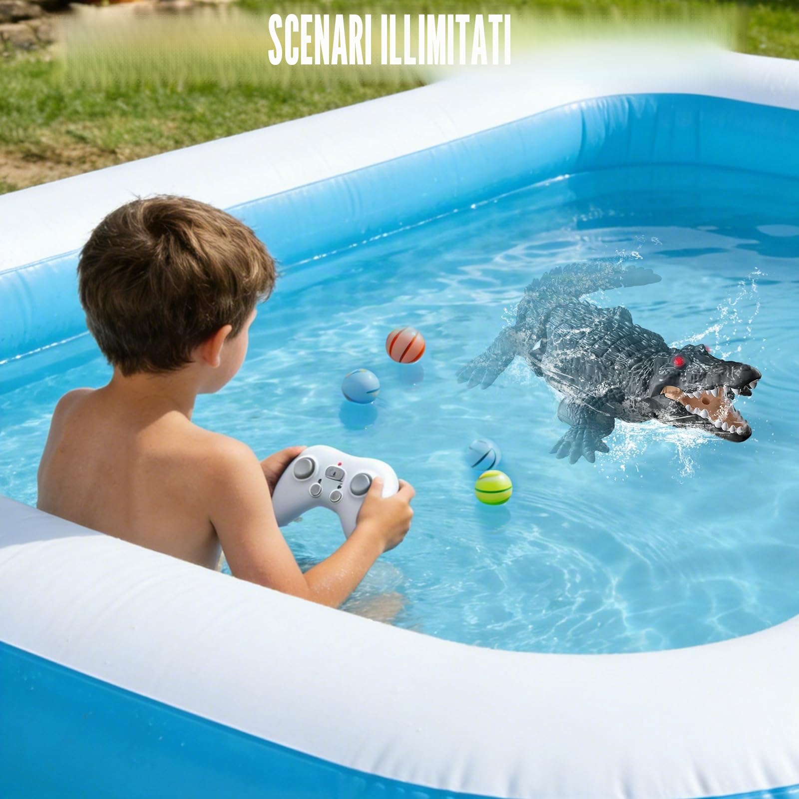 Barca Telecomandata RC Coccodrillo, Giocattolo Acquatico Telecomandato con luce LED e Doppio Eliche, 700mAh Doppia batteria, RC Giocattoli da piscina per 3+ Ragazzi e ragazze