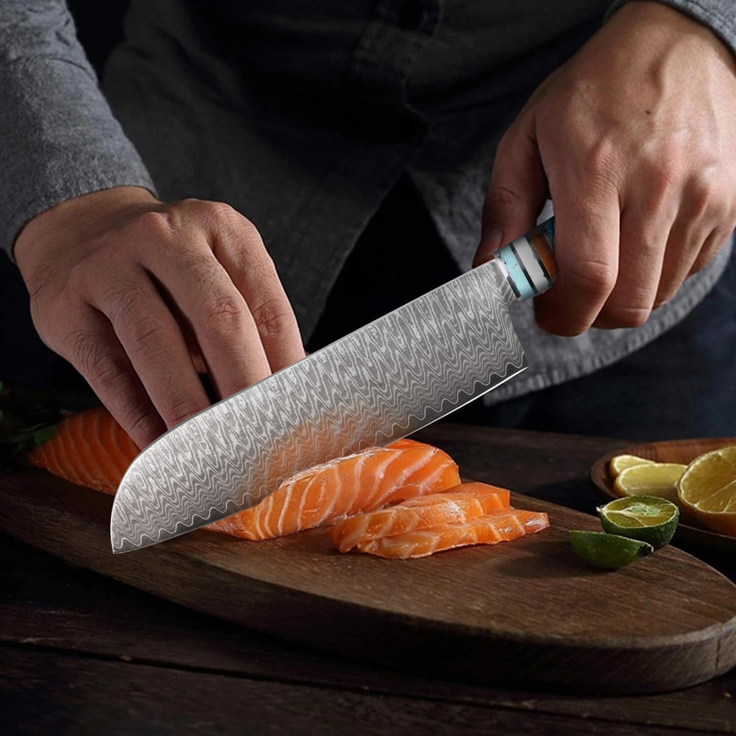 Set Couteau Cuisine, 3 Pièces Couteaux de Cuisine Professionnelle - Couteaux de Chef 20CM, Couteau Santoku 17,5CM, Couteau à Désosser 15CM - Résine Bleue Handle avec Boîte Cadeau