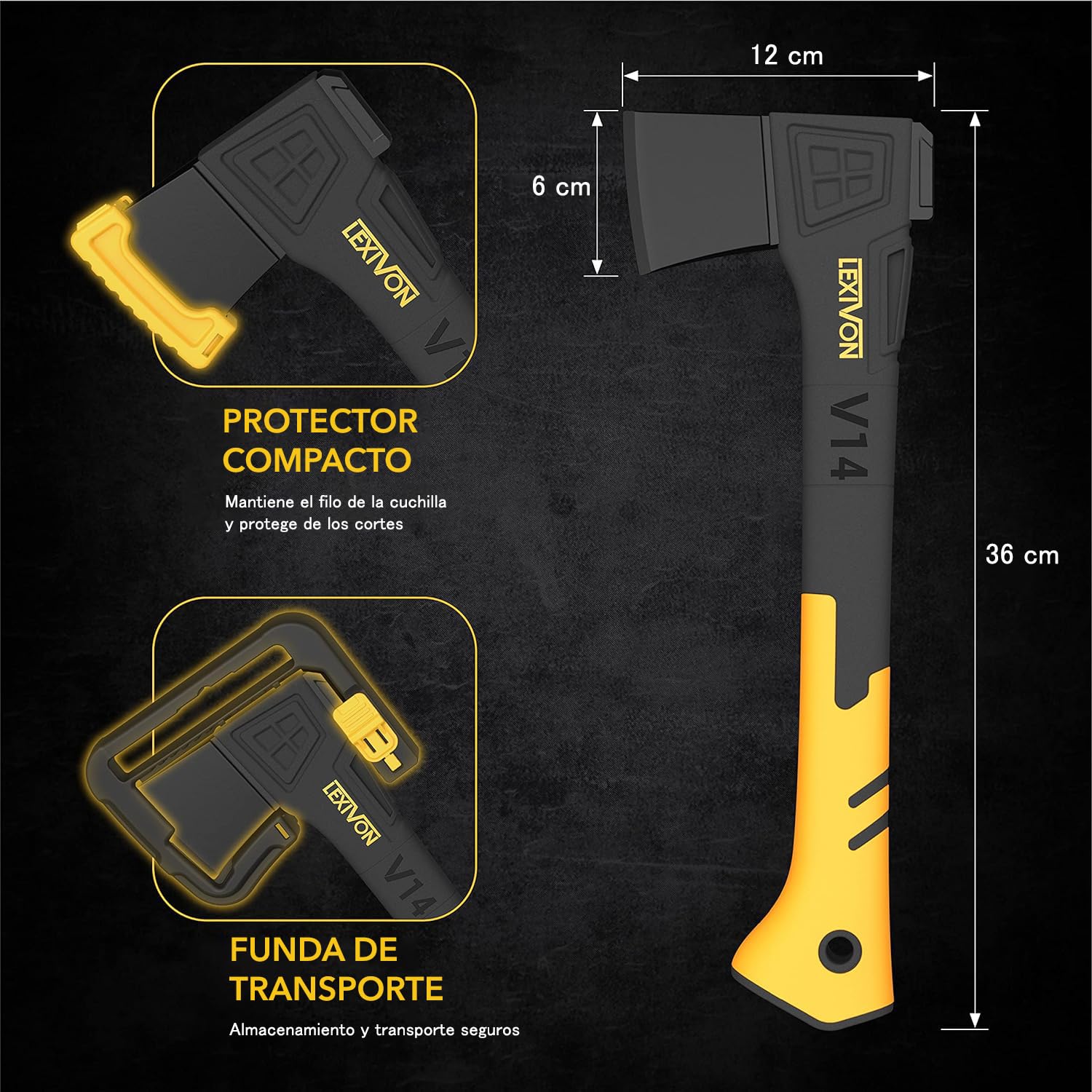 LEXIVON V14 Camping Hacha de 36 CM | Empuñadura TPR ergonómica, Mango Compuesto de Fibra de Vidrio Ligero | Funda Protectora de Transporte incluida [LX-V14]