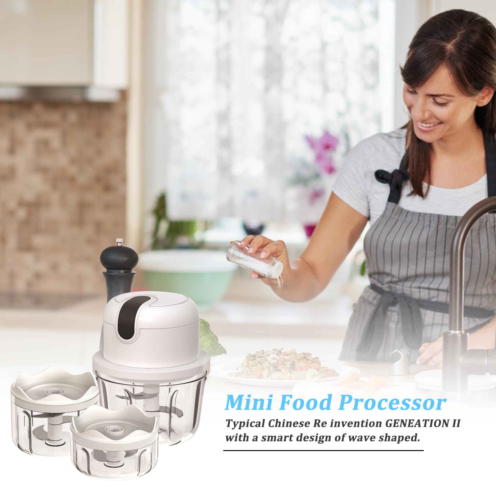 Picadora eléctrica con puerto USB, mini robot de cocina, 100 ml, 250 ml, 300 ml, cortador de verduras eléctrico con 3 cuchillas afiladas, prensa de ajo multifunción para carne, verduras, frutas