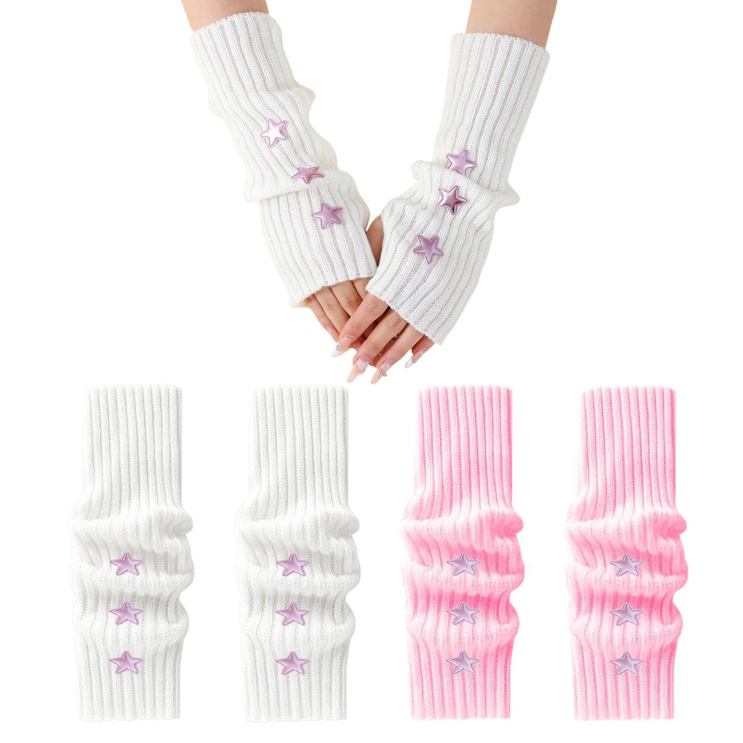 WUFGWBD 2 Pairs Of Cute Star Gloves, Women'S Fingerless Gloves, Arm Warmers, Wrist Warmers For Women, Student Gloves