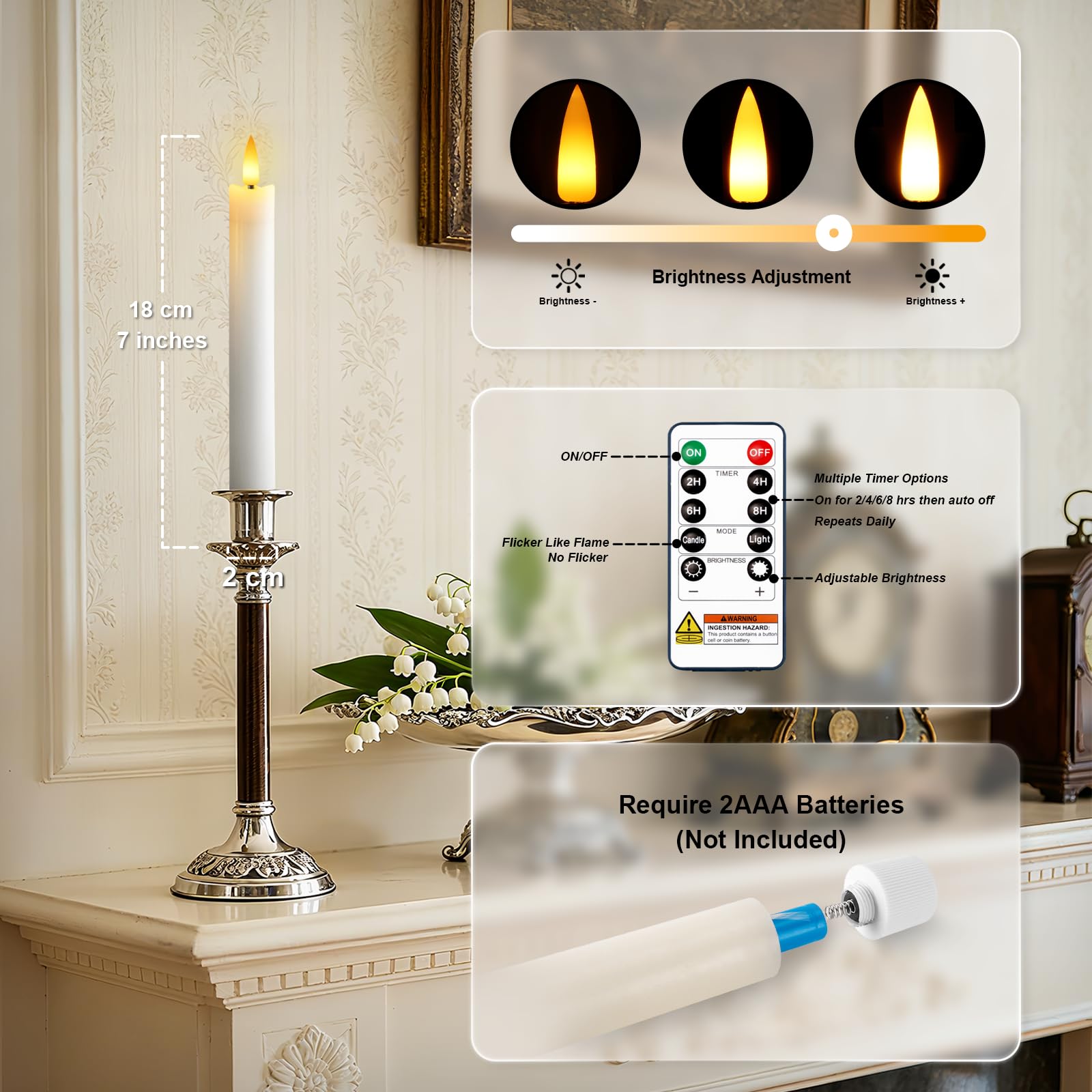 Candele coniche antigoccia senza fiamma da 17,8 cm, con timer e dimmer a distanza, candele a batteria in vera cera, candele finte con fiamma 3D per casa, matrimoni, decorazioni natalizie