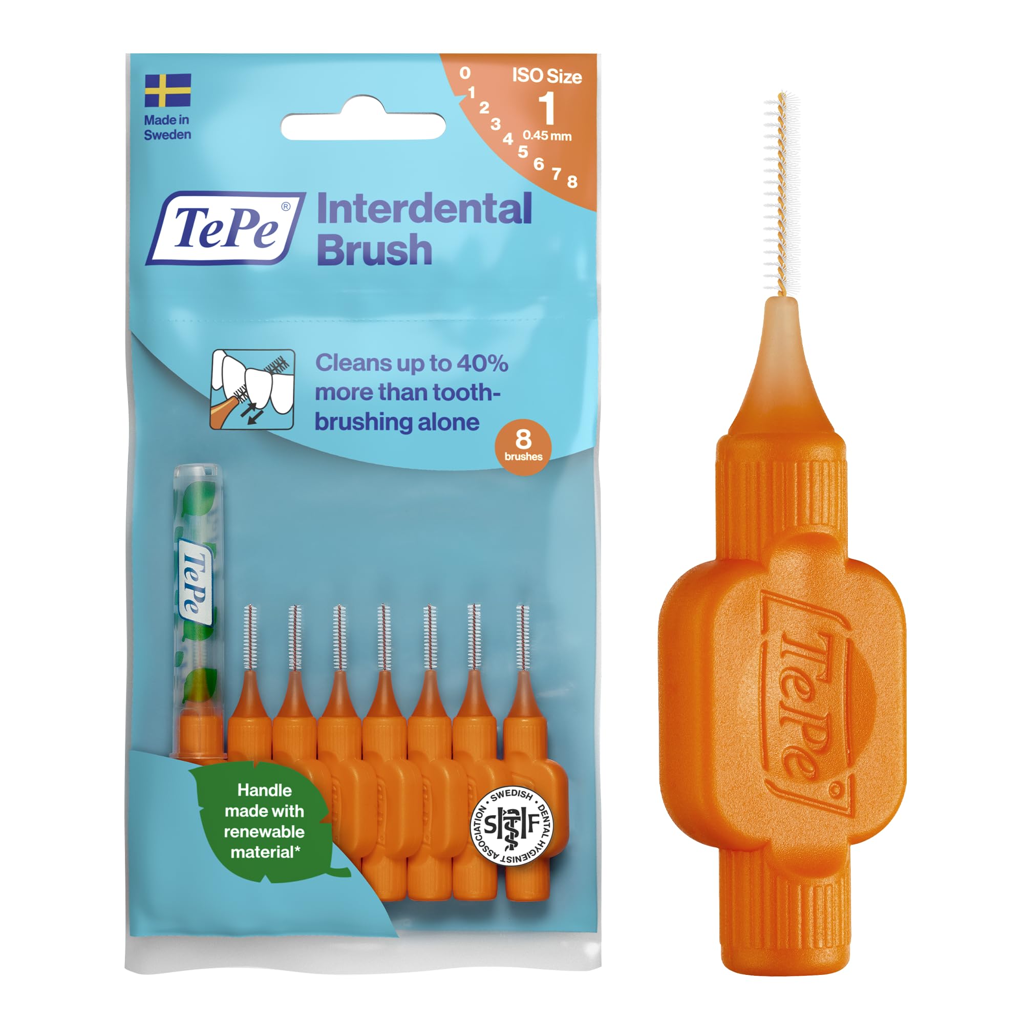 Scovolino TePe, Original, Arancione, 0.45mm/ISO 1, 8pz, rimozione placca, pulizia interdentale efficace, filo interdentale, per spazi stretti