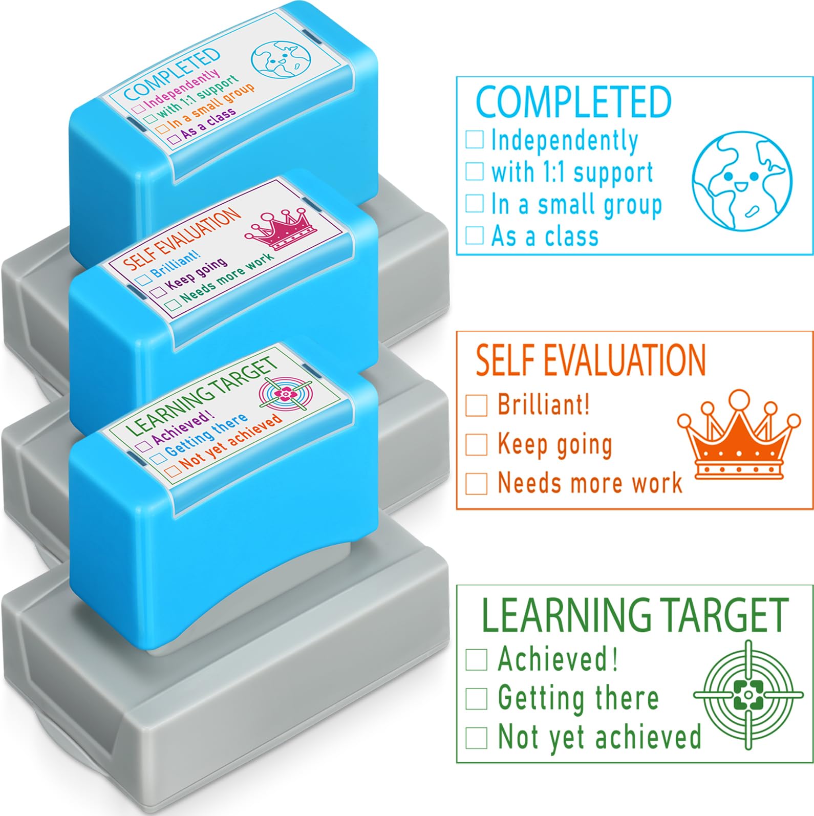 3 pcs Teacher Stamps Self Inking Checkbox Grading Teacher Stamps for Classroom(Green,Blue,Orange,Classic)