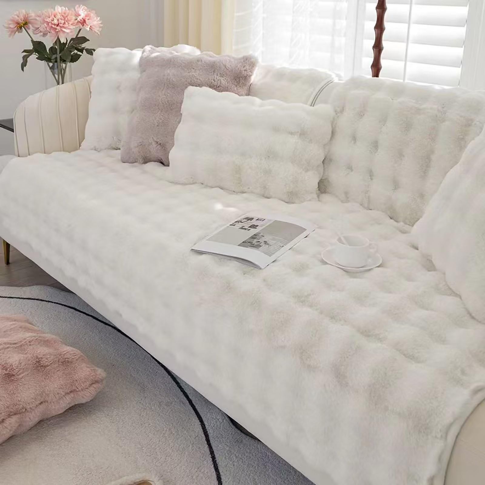 Konijnenpluche sofahoes antislip hoezen voor hoek, L-vorm bank, zachte dikke kussenhoezen, grappig, donzig, Uk-ontwerp, zuiver wit, 110 x 110 cm