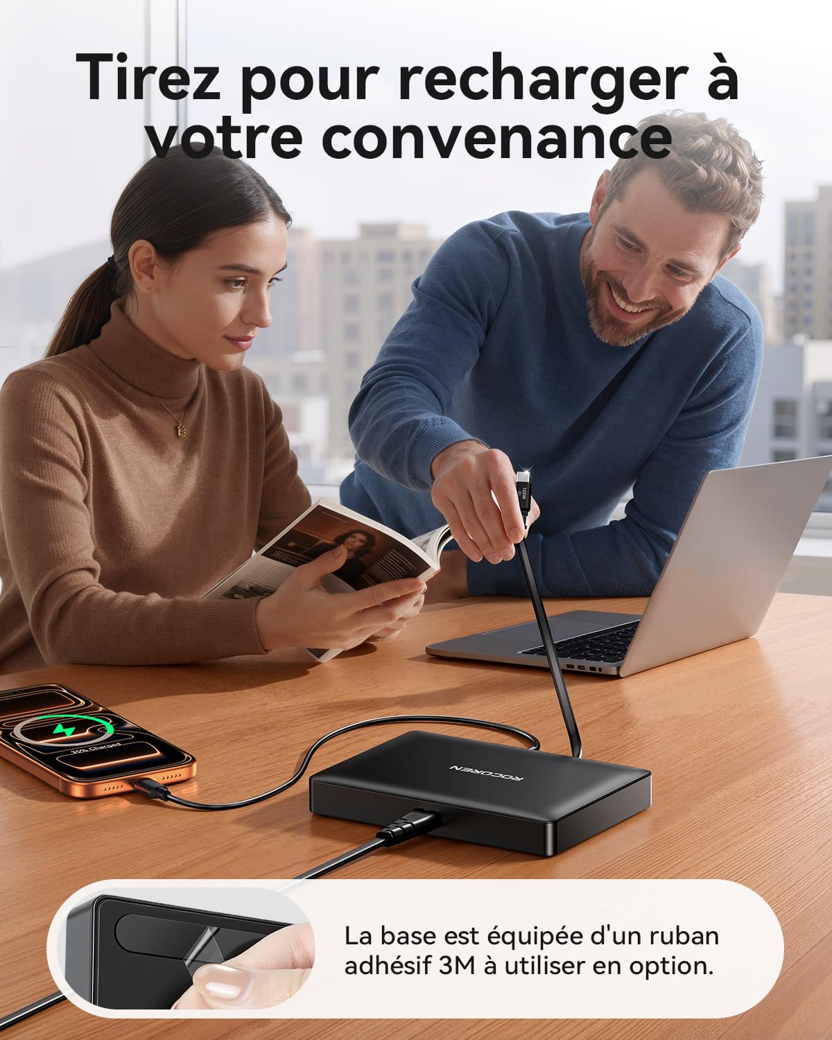 Rocoren Chargeur USB C 8 en 1 avec câble rétractable, Station de Charge USB GaN - Plusieurs Appareils Compatibles avec Ordinateur Portable, MacBook, iPad, iPhone, Samsung et Plus Encore