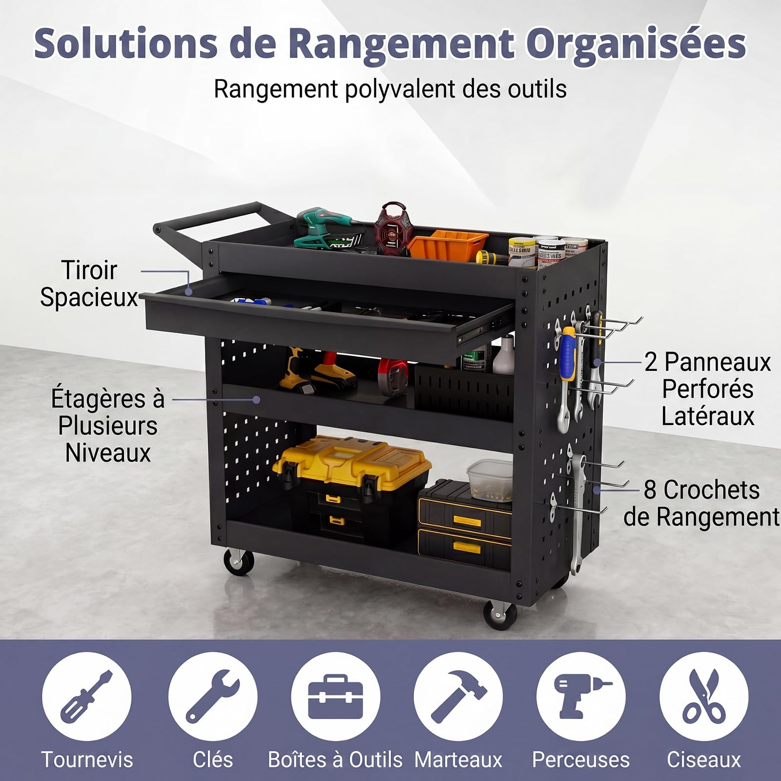 GYMAX Chariot à Outils, 3 Niveaux de Rangement & Tiroir & 2 Panneaux Perforés & 8 Crochets, roulettes Veroouillables, Servante Roulant en Métal pour Atelier, Garage et Entrepôt