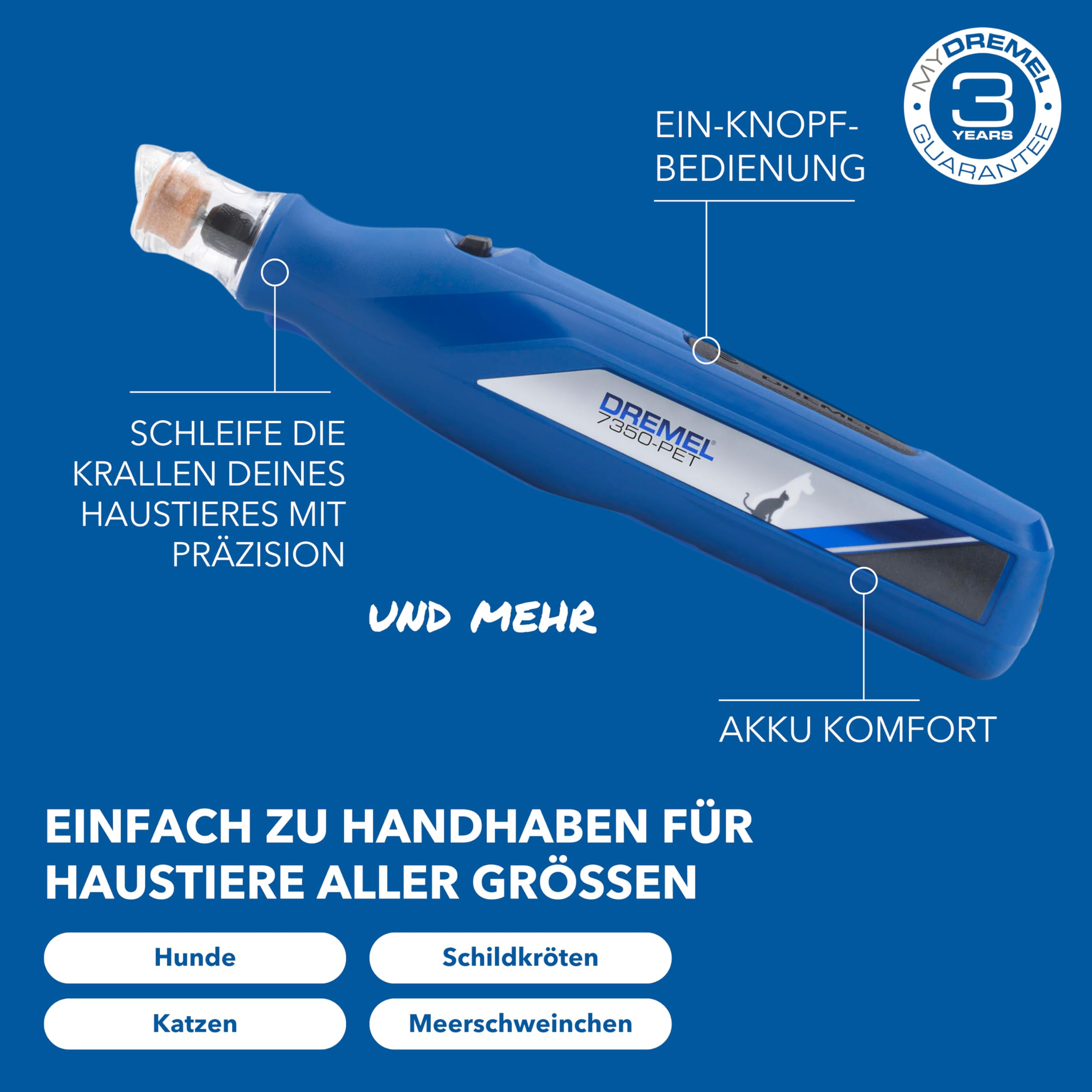 Dremel 7350 PET Krallenpflegese mit 3.6V Akku-Rotationswerkzeug Einfach zu bedienende, leichte Krallenschleifmaschine mit 2 Schleifzubehören, 1 Schutzhaube & 1 USB-Kabel geeignet für Hunde und Katzen