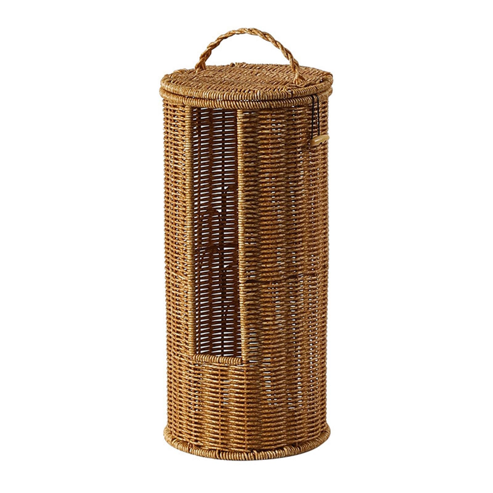 Kalttoy Bathroom Storage Cylinder Handwoven Basket with Iron Frame Lid Multifunctional Organizers Spare Towel Rack Bathroom Organizers Basket