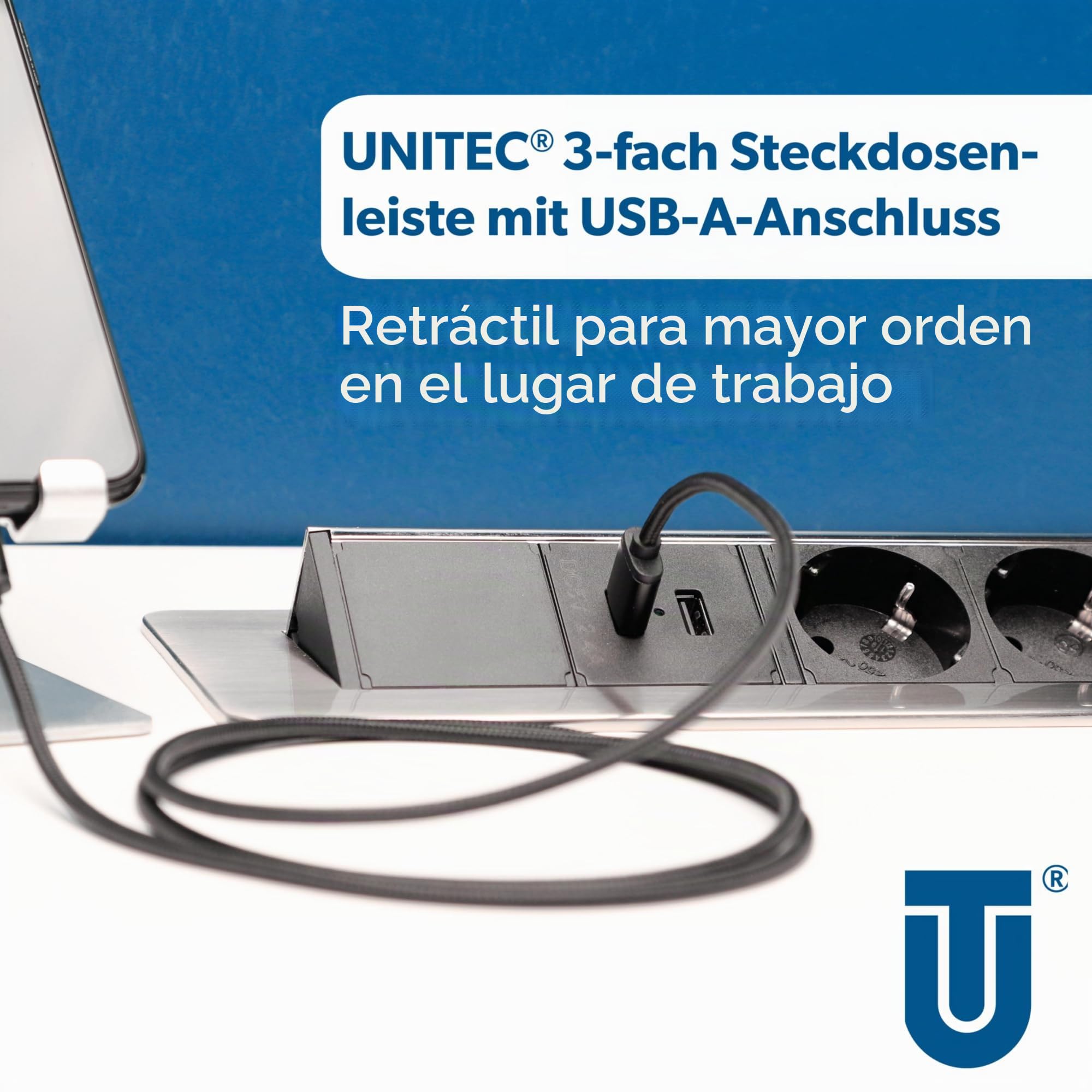 Unitec 30886 - Regleta retráctil Horizontal, 2 Puertos de Carga USB, 3 enchufes, Solapas de sujeción Incluidas, Cable de conexión y Enchufe