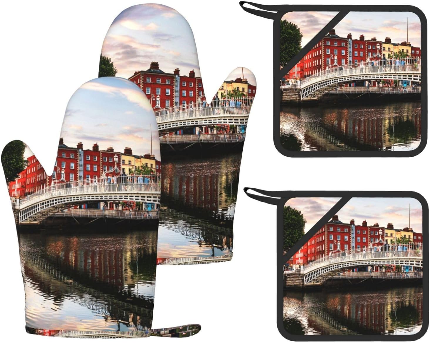 Bridge Sunset River Landscape Oven Mitts and Pot Holders Set of 4 Heat Resistant Kitchen Gloves with Silicone Palm Hot Pads for Baking Cooking Grilling BBQ