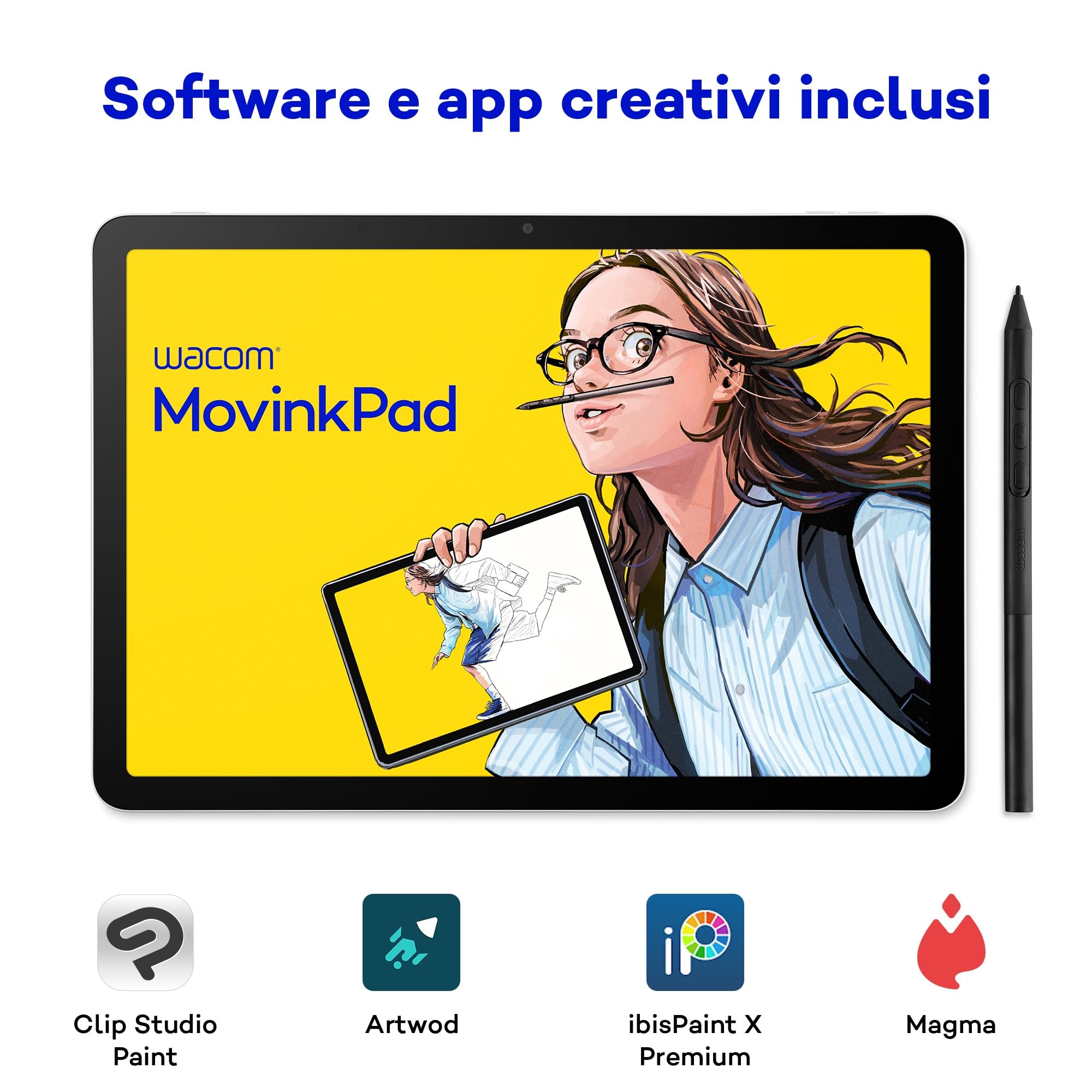Wacom MovinkPad 11 Tavoletta Grafica, tablet Android 14 (11″) per giovani creativi, con Wacom Pro Pen 3, display nitido, vetro opaco, fotocamere fronte/retro e app creative preinstallate