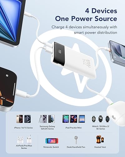 Miniatura 5 de VEGER Cargador portátil de 10000 mAh con 2 cables integrados, PD 22.5 W de carga rápida USB C, 4 salidas 3 entradas paquete de batería delgada