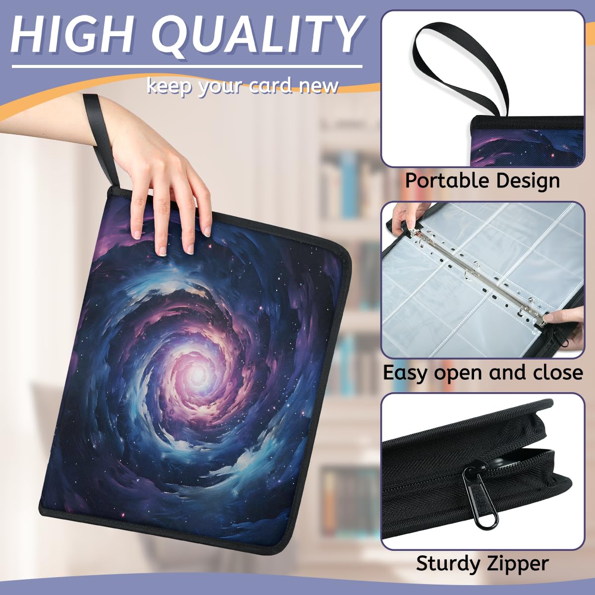 Mexpekil Space Cloud Galaxy - Raccoglitore di carte con 9 tasche con 50 pagine a caricamento laterale, per 900 carte, con cerniera, impermeabile, porta carte
