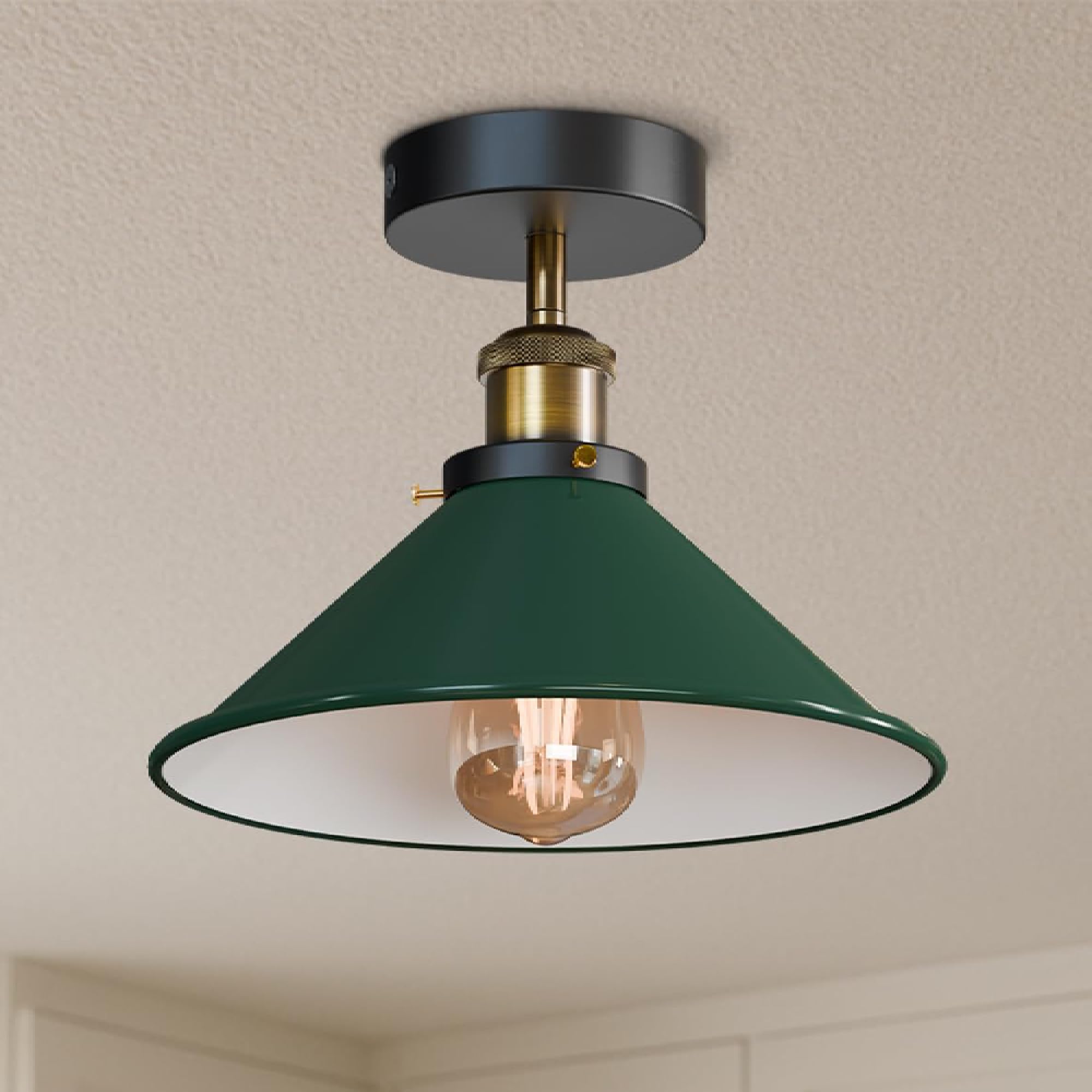 LEDSone Vintage Semi Flush Mount Ceiling Light with E27 Base 22cm Metal Green Cone Lamp Shade Lighting Fixtures for Farmhouse Kitchen Bedroom Livingroom with Bulb