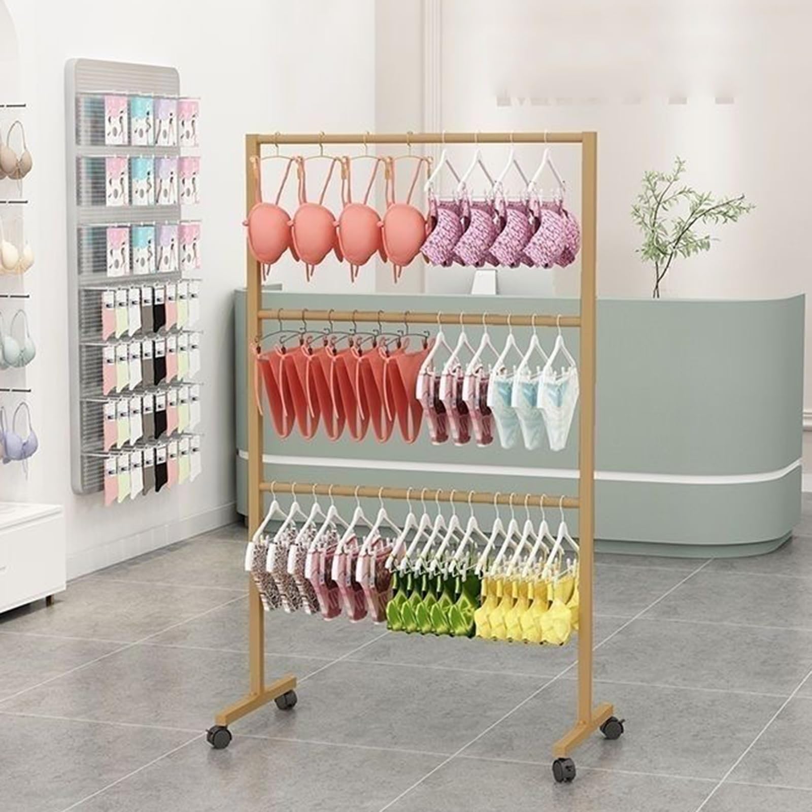 Kommerziell Unterwäsche-aufsteller, 3-stöckiges Kleiderständer mit Rollen für Unterwäsche und Dessous, Robuste Ladeneinrichtung für Boutiquen und Märkte(Yellow,60x40x130cm/24x16x51in)
