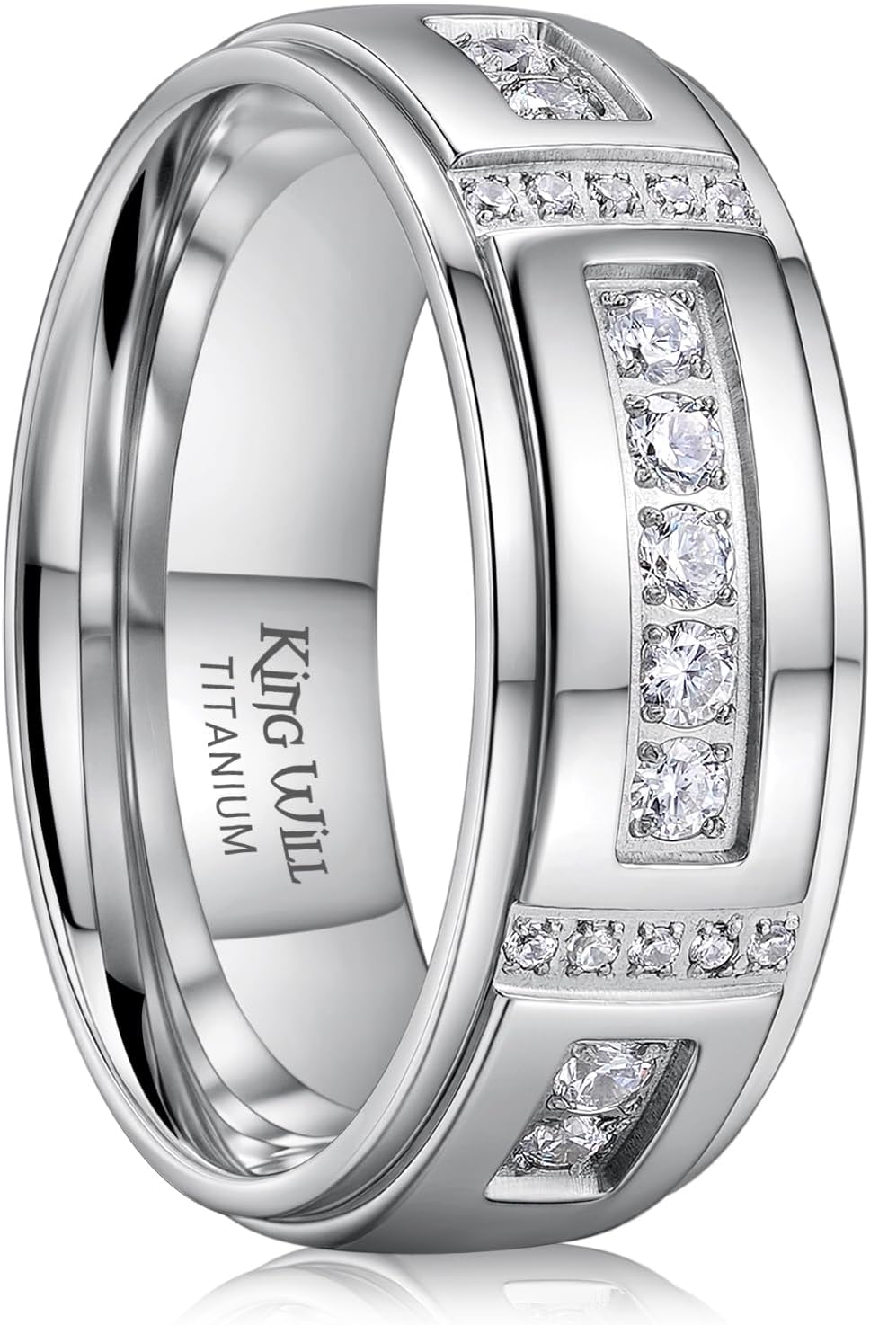 King Will Men's Titanium Wedding Band - 8mm Polished Band with Step Edges and Cross Design Featuring White Zirconia Insets Comfort Fit Size 7-14
