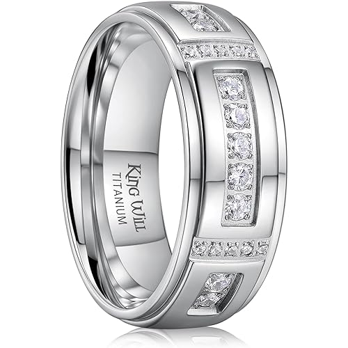 King Will Men's Titanium Wedding Band - 8mm Polished Band with Step Edges and Cross Design Featuring White Zirconia Insets Comfort Fit Size 7-14