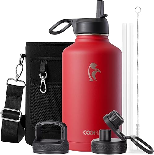 Miniatura 31 de Coolflask - Botella de agua de 64 onzas aislada, con popote y 3 tapas, de acero inoxidable con boca ancha, libre de BPA, mantiene las bebidas frías