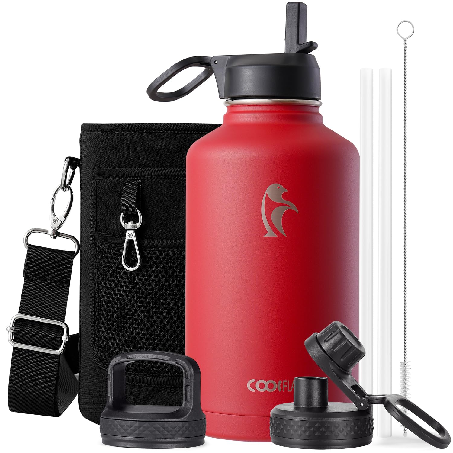 Coolflask Borraccia termica da 1,9 litri, con cannuccia e 3 coperchi, brocca per l'acqua da 1,9 l, in acciaio inox, con imboccatura larga, per sport, palestra o ufficio, senza BPA, mantiene il freddo