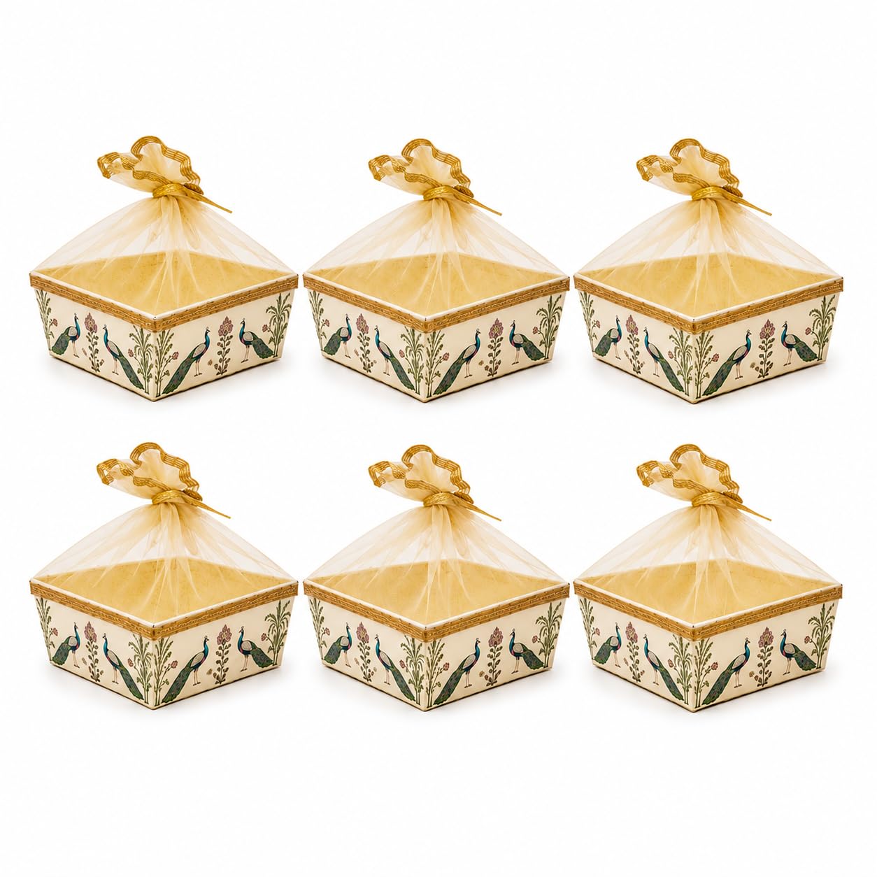Fancy Baskets 6 Small Square Dry Fruit Gifting Basket, Wedding Hamper Basket, Golden Festive Gifting, wedding return gift, Net Material, Pack of 6-image-24