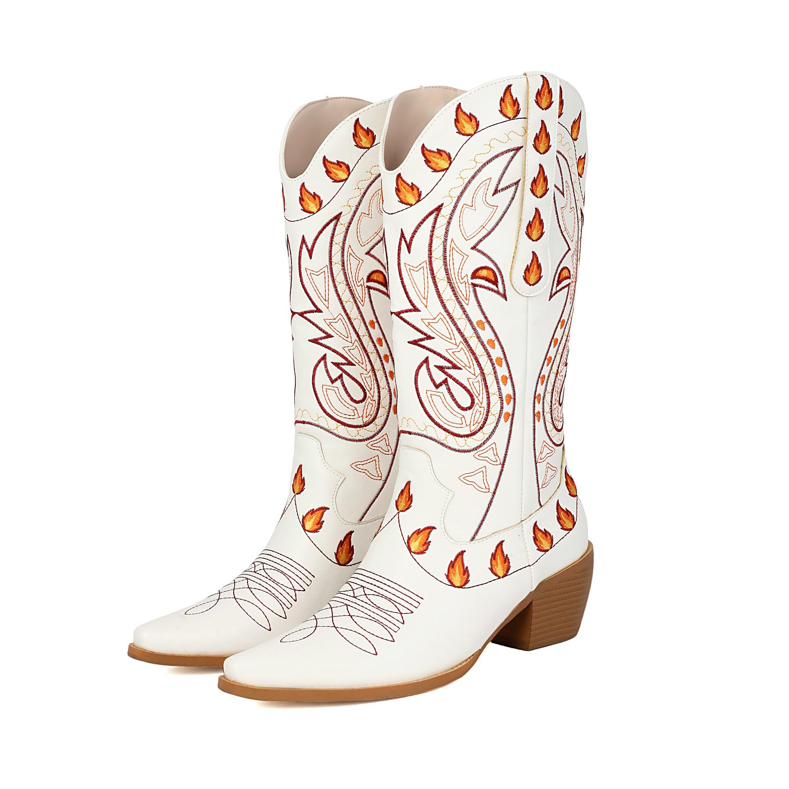Cowboy Boots for Women Cowgirl Booties Mid Calf Western Country Square Toe Embroidery Chunky Stacked Heel Pull On