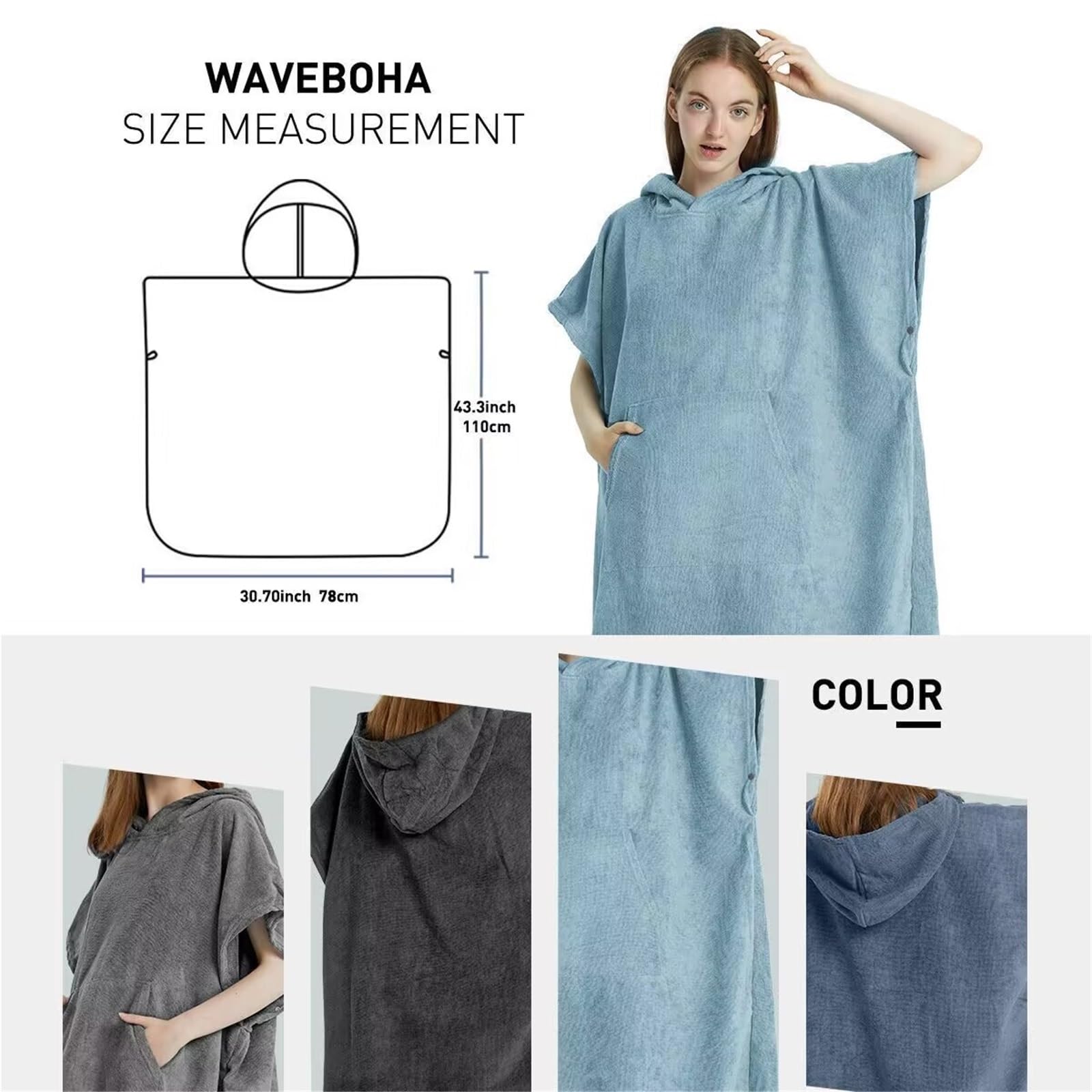 Poncho da spiaggia con asciugamano, ad asciugatura rapida, cappuccio, accappatoio, bagno, poncho for adulti per Spiaggia e Sport Acquatici(Black)