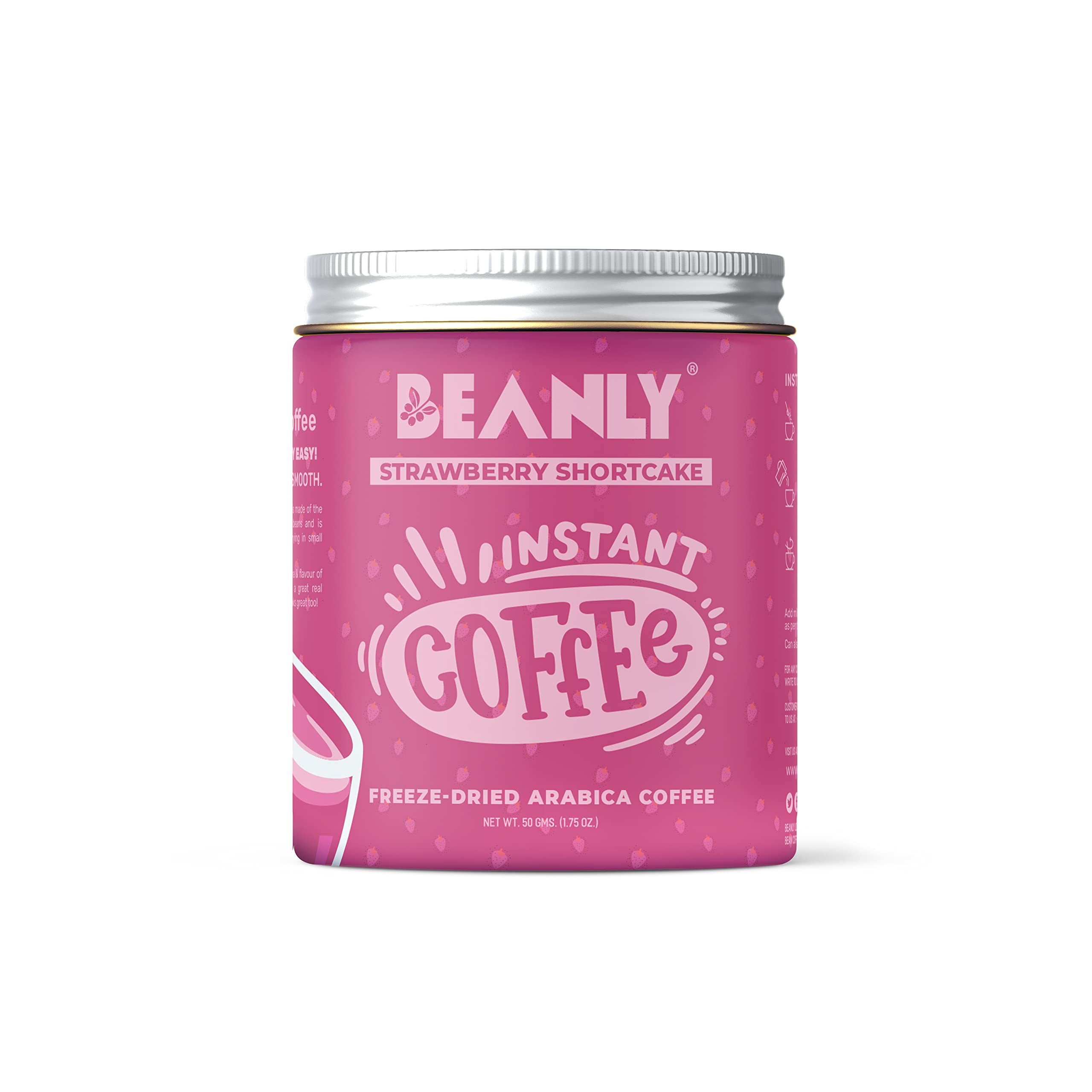 Beanly Instant Coffee (Strawberry Shortcake Flavour) | Freeze Dried Coffee | Espresso, Latte, Cappucino | Hot & Cold Coffee | 100% Arabica Freeze Dried Beans | 50g