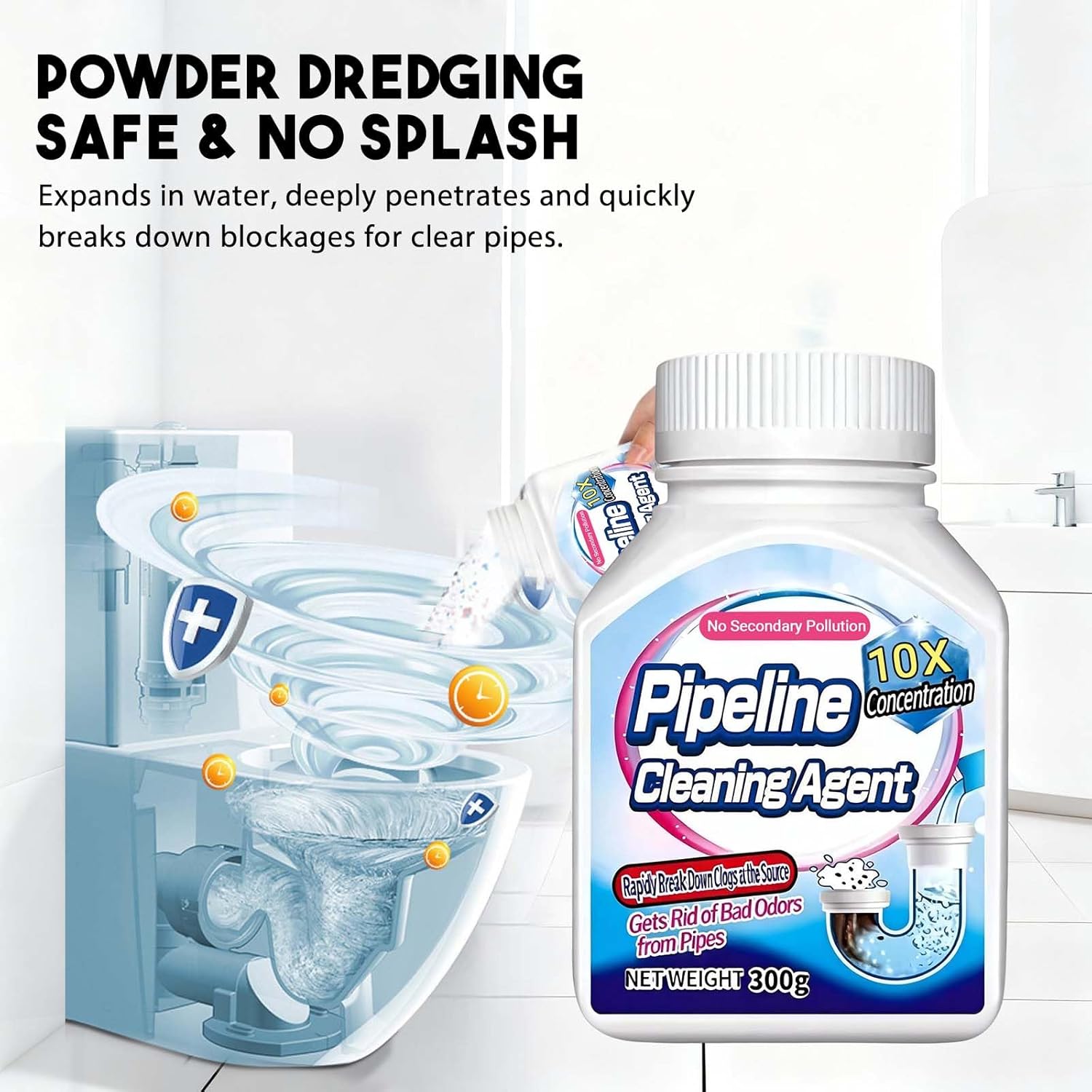 Pipeline Dredging Agent, 300g Powerful Drain Clog Remover Agent, Professional Pipe Unblocker for Sinks & Showers, Dissolves Hair, Grease, Soap Scum, Prevents Blockages & Odors (5PC)